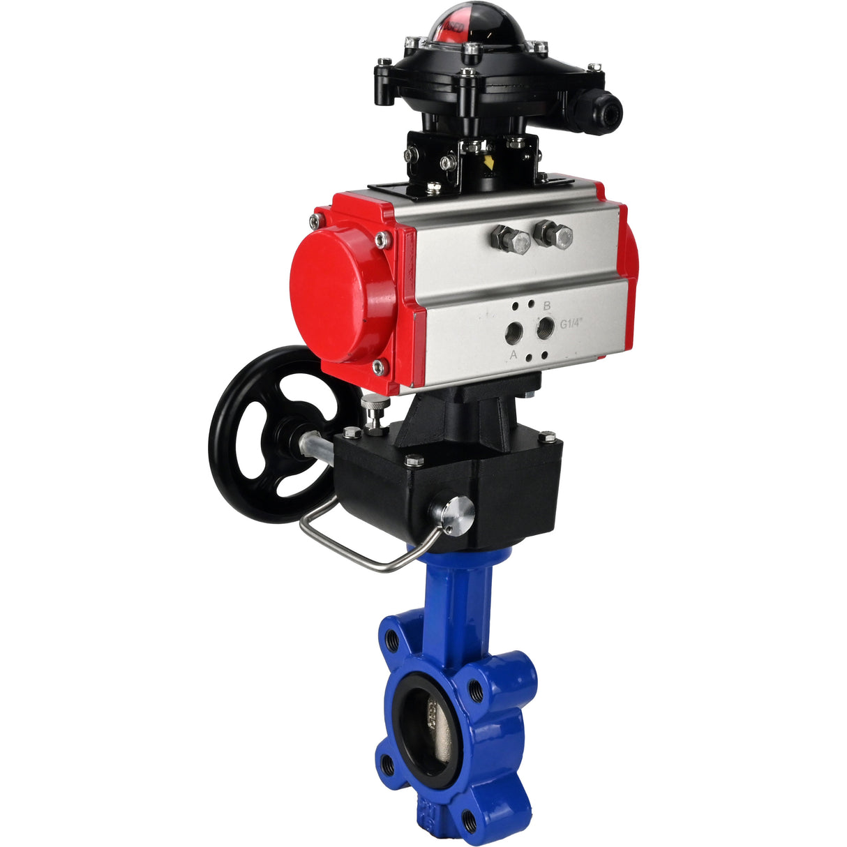 Water Butterfly Valve Elephant WBV1616N-2W-Fb-H, body material - cast iron QT450, disk material - cast iron QT450, seal - NBR, with pneumatic actuator double action PA-DA, handwheel MON, LSU APL-210N