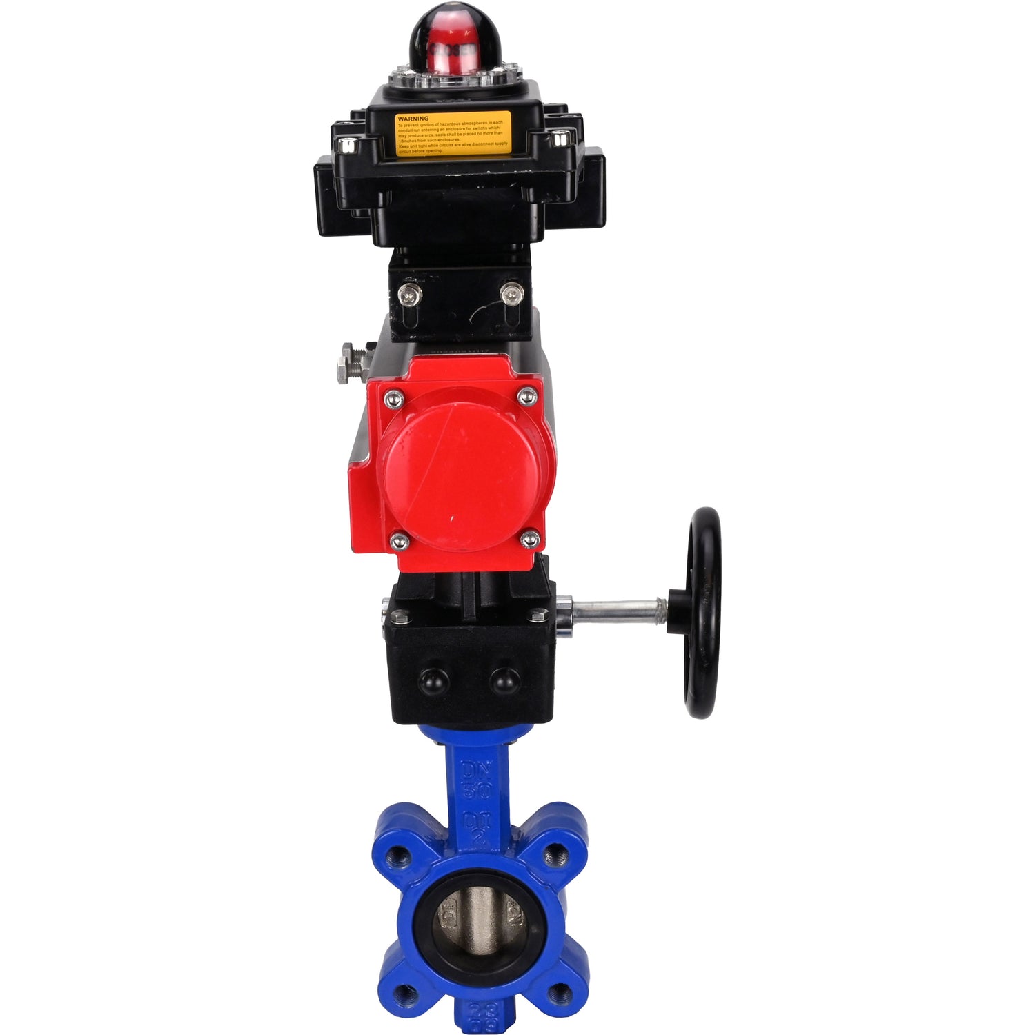 Water Butterfly Valve Elephant WBV1616N-2W-Fb-H, body material - cast iron QT450, disk material - cast iron QT450, seal - NBR, with pneumatic actuator double action PA-DA, handwheel MON, LSU APL-410N EX
