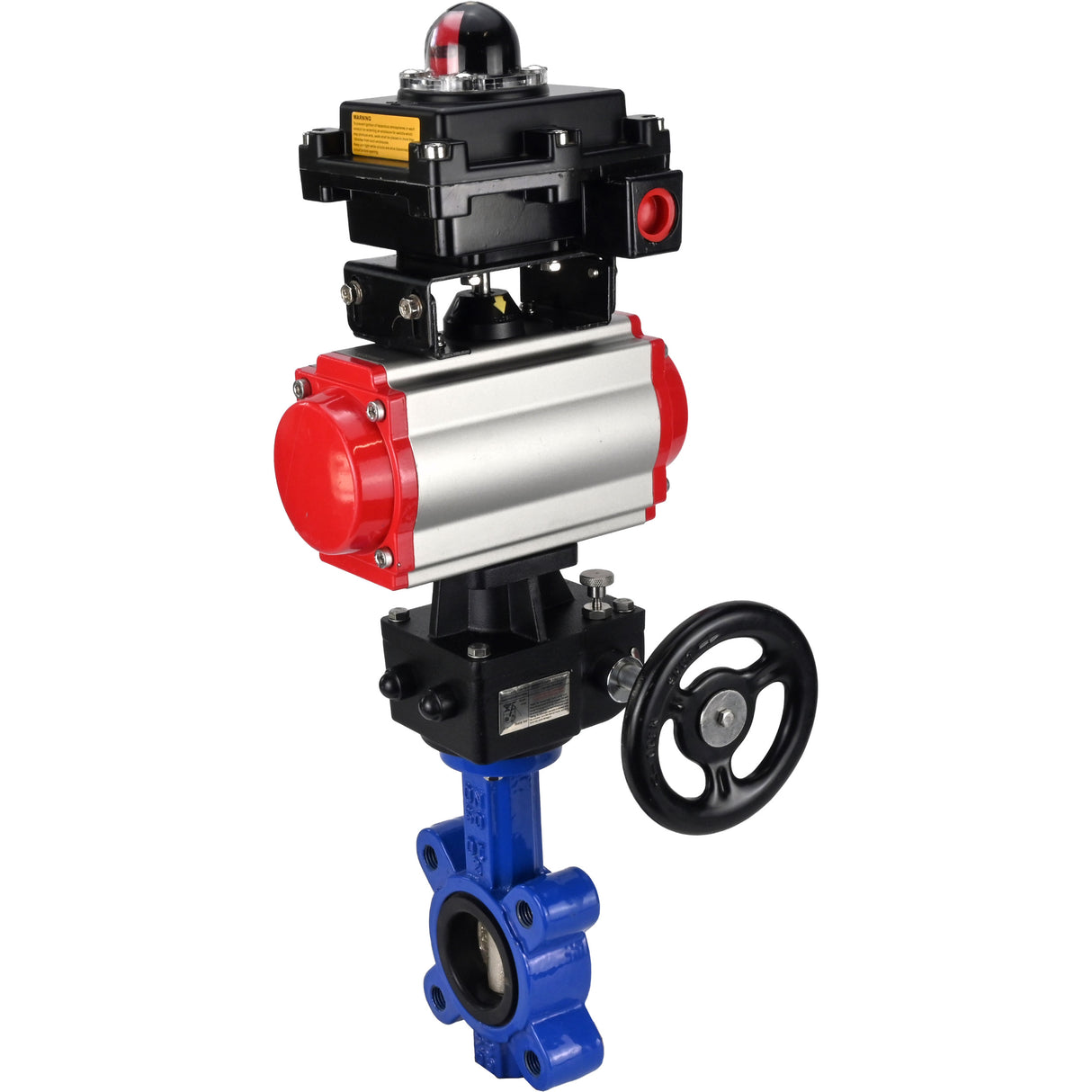 Water Butterfly Valve Elephant WBV1616N-2W-Fb-H, body material - cast iron QT450, disk material - cast iron QT450, seal - NBR, with pneumatic actuator double action PA-DA, handwheel MON, LSU APL-410N EX