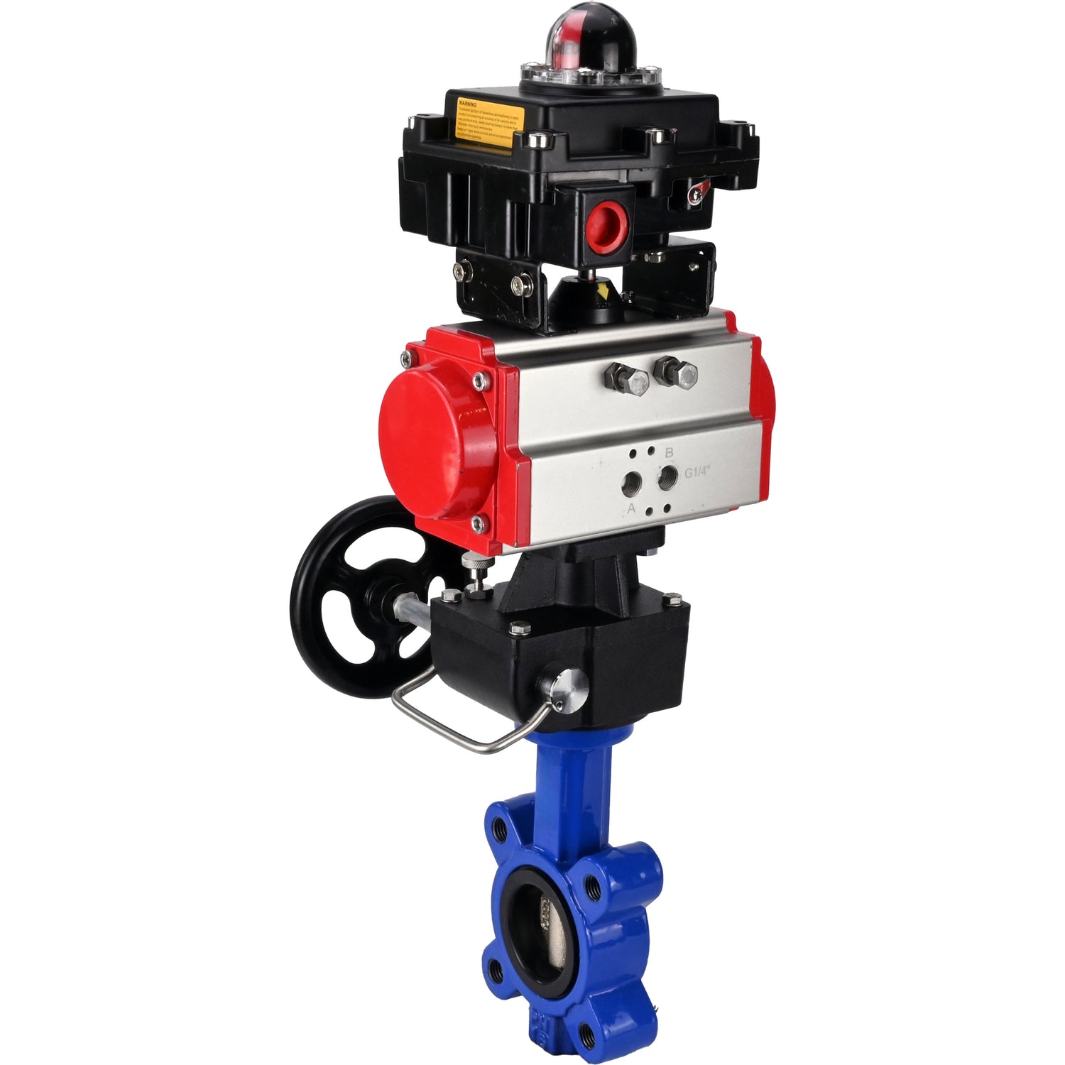 Water Butterfly Valve Elephant WBV1616N-2W-Fb-H, body material - cast iron QT450, disk material - cast iron QT450, seal - NBR, with pneumatic actuator double action PA-DA, handwheel MON, LSU APL-410N EX