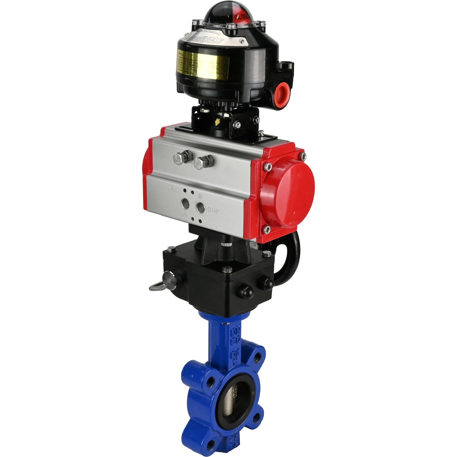 Water Butterfly Valve Elephant WBV1616N-2W-Fb-H, body material - cast iron QT450, disk material - cast iron QT450, seal - NBR, with pneumatic actuator double action PA-DA, handwheel MON, LSU APL-510N EX