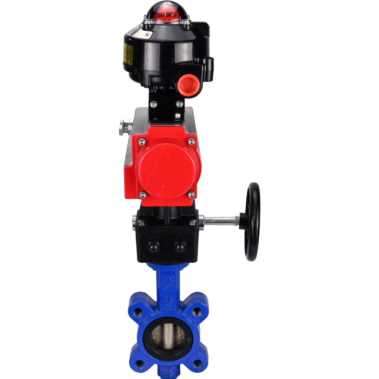 Water Butterfly Valve Elephant WBV1616N-2W-Fb-H, body material - cast iron QT450, disk material - cast iron QT450, seal - NBR, with pneumatic actuator double action PA-DA, handwheel MON, LSU APL-510N EX