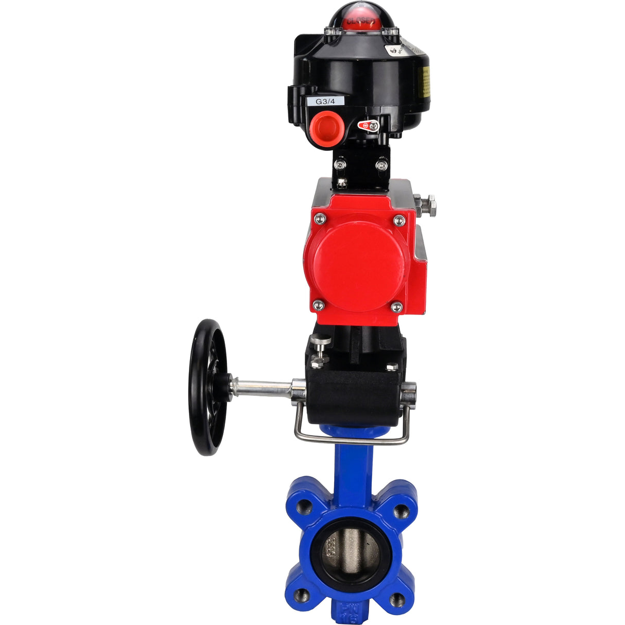 Water Butterfly Valve Elephant WBV1616N-2W-Fb-H, body material - cast iron QT450, disk material - cast iron QT450, seal - NBR, with pneumatic actuator double action PA-DA, handwheel MON, LSU APL-510N EX