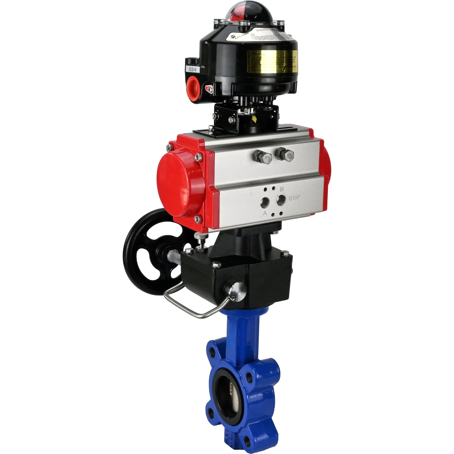 Water Butterfly Valve Elephant WBV1616N-2W-Fb-H, body material - cast iron QT450, disk material - cast iron QT450, seal - NBR, with pneumatic actuator double action PA-DA, handwheel MON, LSU APL-510N EX