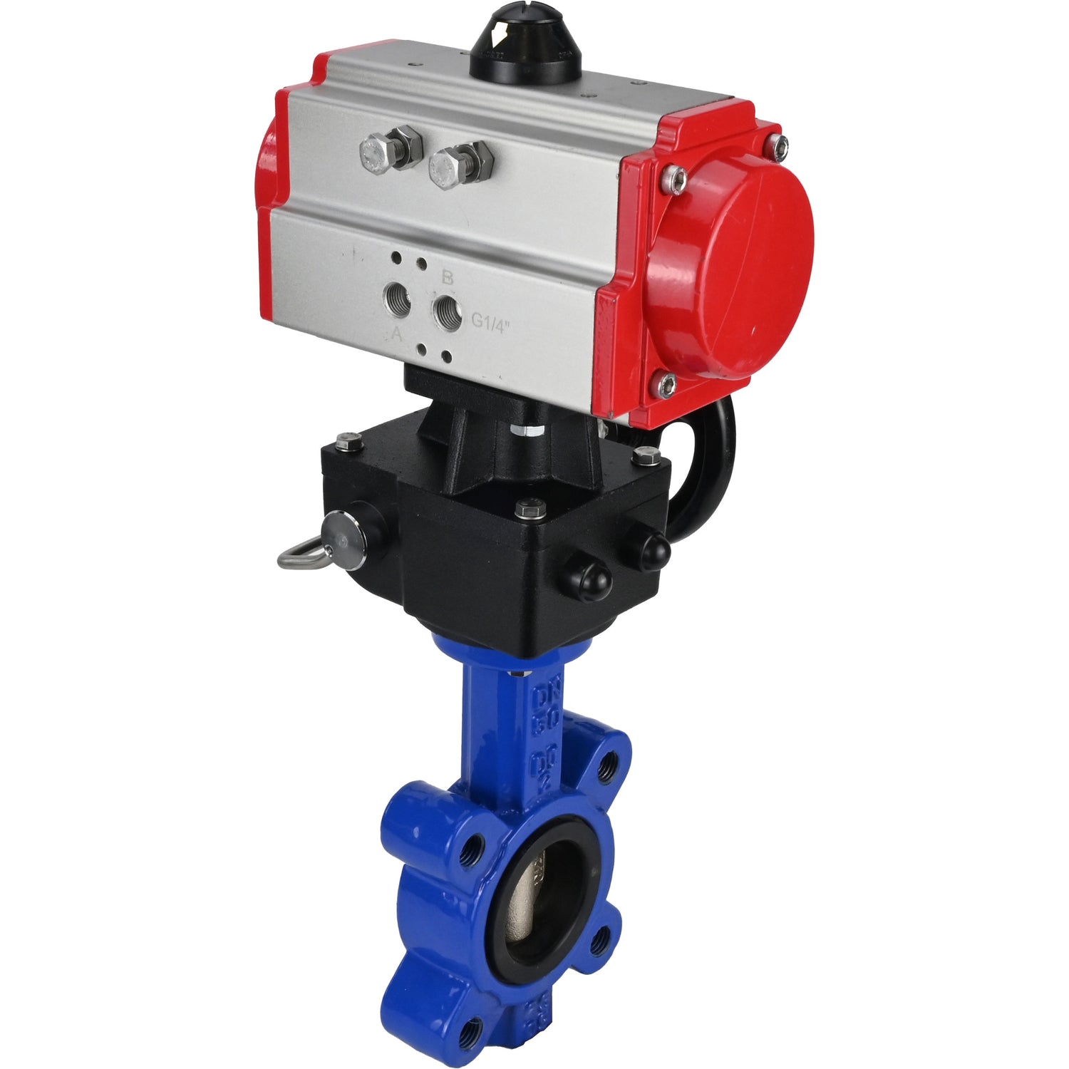 Water Butterfly Valve Elephant WBV1616N-2W-Fb-H, body material - cast iron QT450, disk material - cast iron QT450, seal - NBR, with pneumatic actuator double action PA-DA, handwheel MON