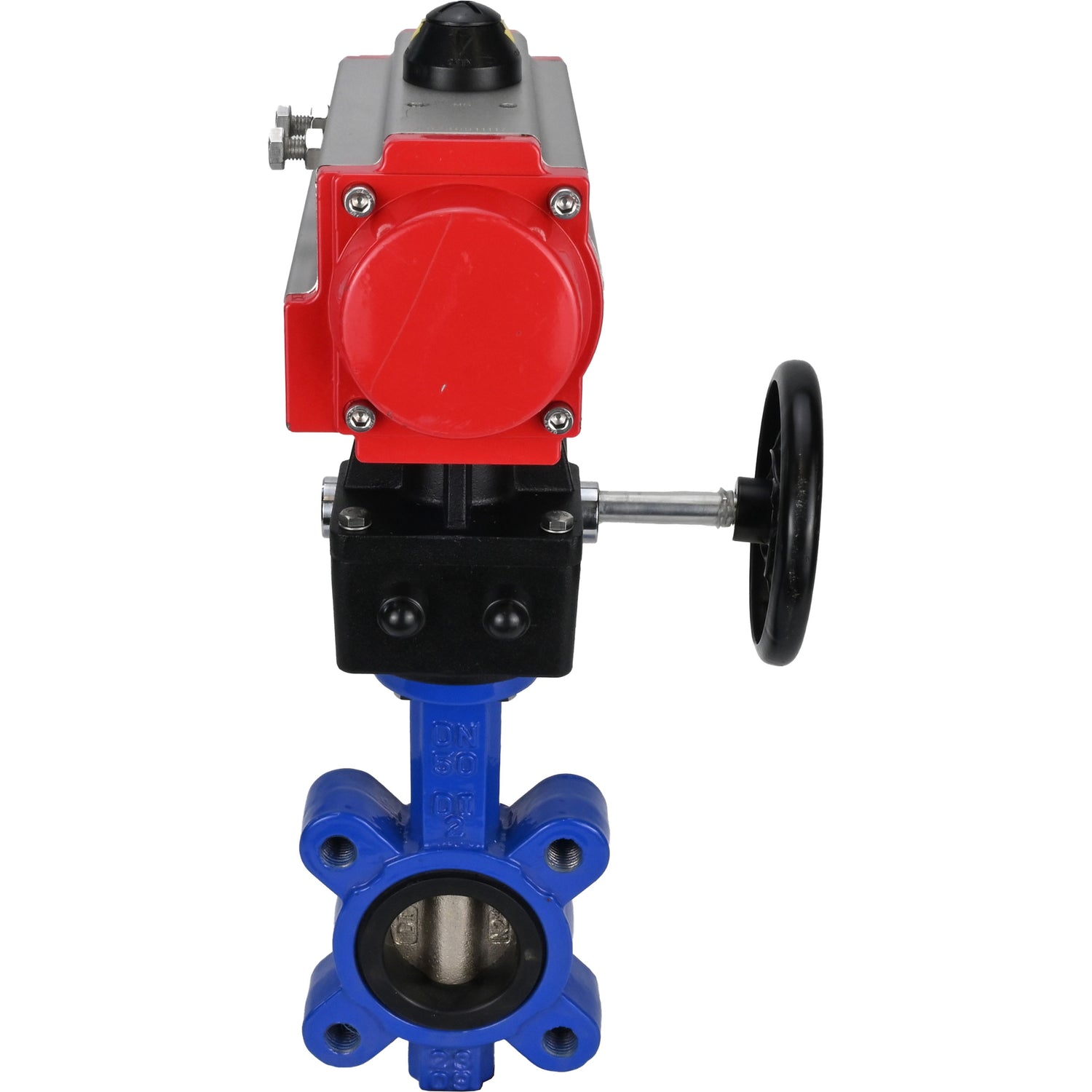 Water Butterfly Valve Elephant WBV1616N-2W-Fb-H, body material - cast iron QT450, disk material - cast iron QT450, seal - NBR, with pneumatic actuator double action PA-DA, handwheel MON