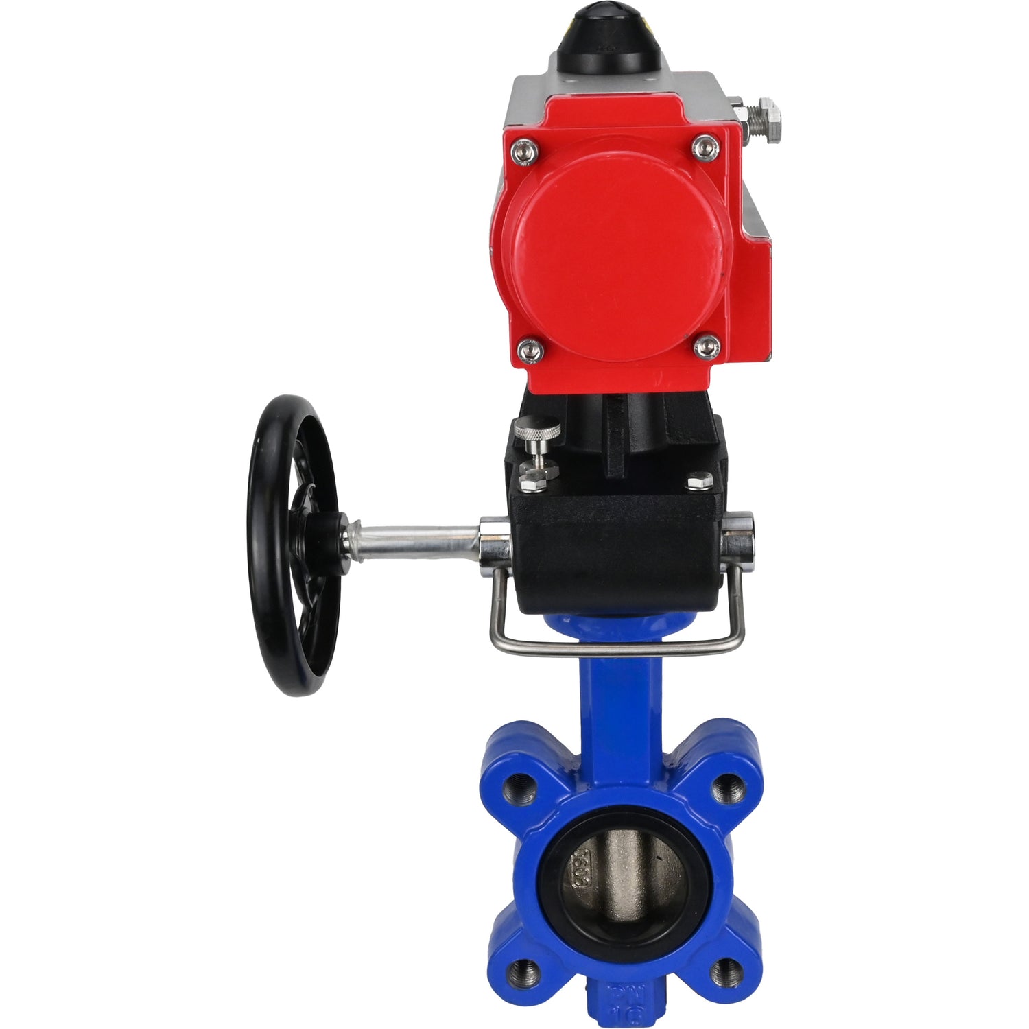 Water Butterfly Valve Elephant WBV1616N-2W-Fb-H, body material - cast iron QT450, disk material - cast iron QT450, seal - NBR, with pneumatic actuator double action PA-DA, handwheel MON