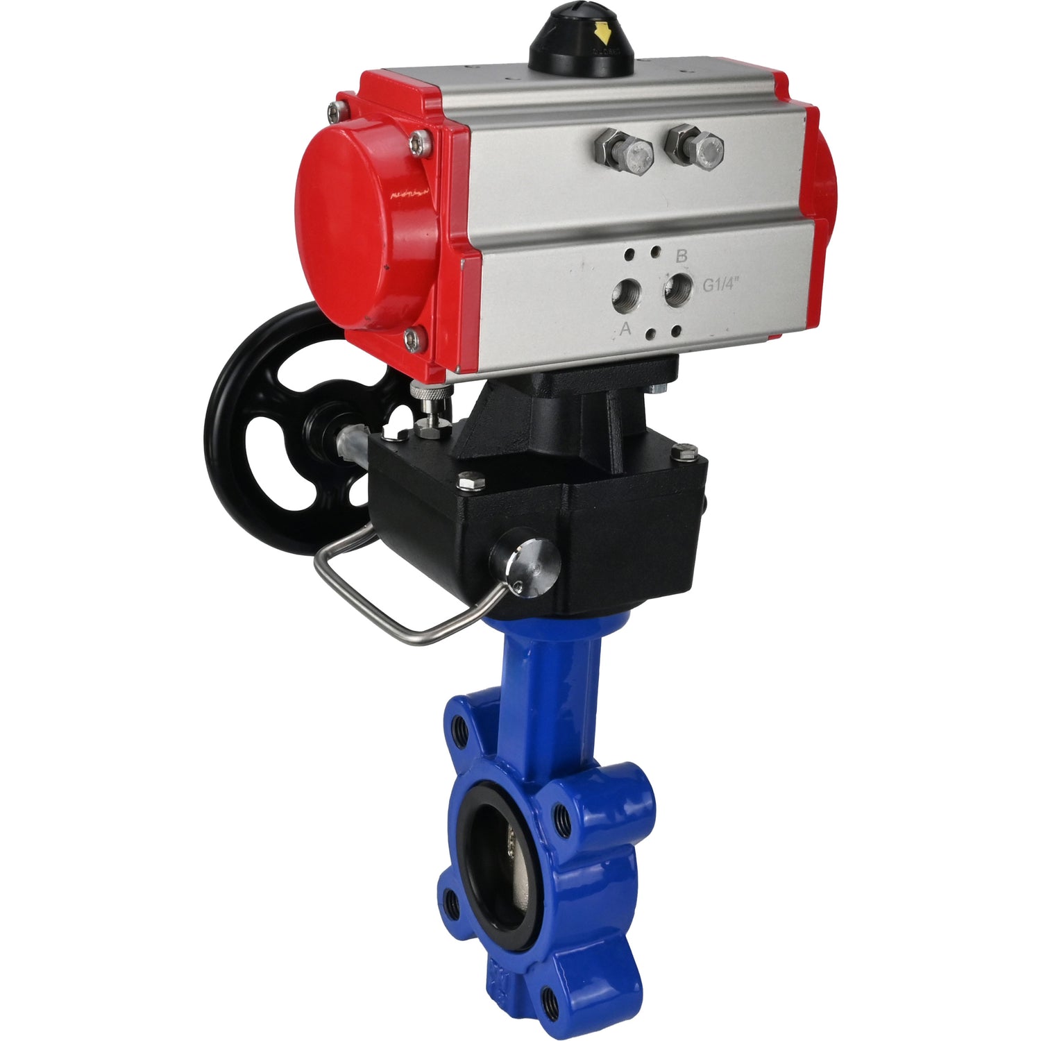 Water Butterfly Valve Elephant WBV1616N-2W-Fb-H, body material - cast iron QT450, disk material - cast iron QT450, seal - NBR, with pneumatic actuator double action PA-DA, handwheel MON