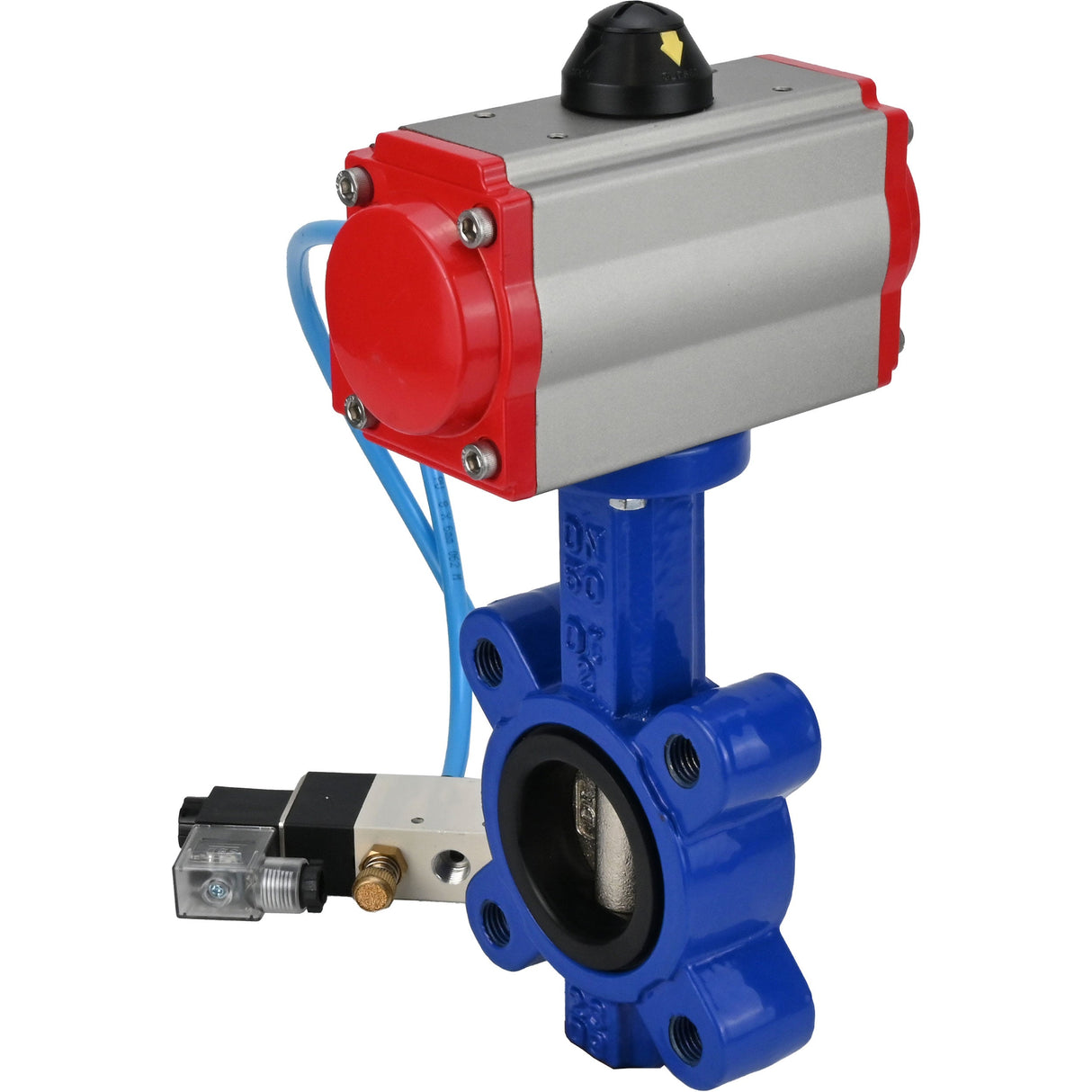 Water Butterfly Valve Elephant WBV1616N-2W-Fb-H, body material - cast iron QT450, disk material - cast iron QT450, seal - NBR, pneumatic actuator PA-SA with return springs, 4V320-10 220V