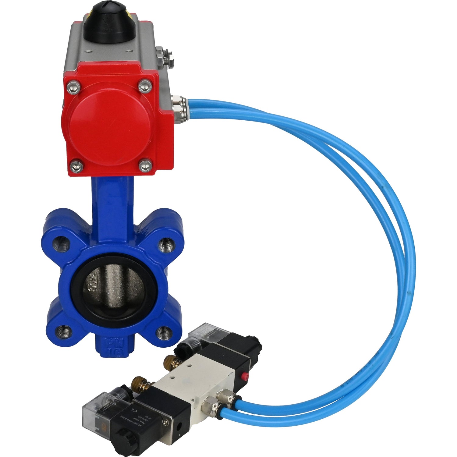 Water Butterfly Valve Elephant WBV1616N-2W-Fb-H, body material - cast iron QT450, disk material - cast iron QT450, seal - NBR, with pneumatic actuator double action PA-DA, 4V320-08 220V