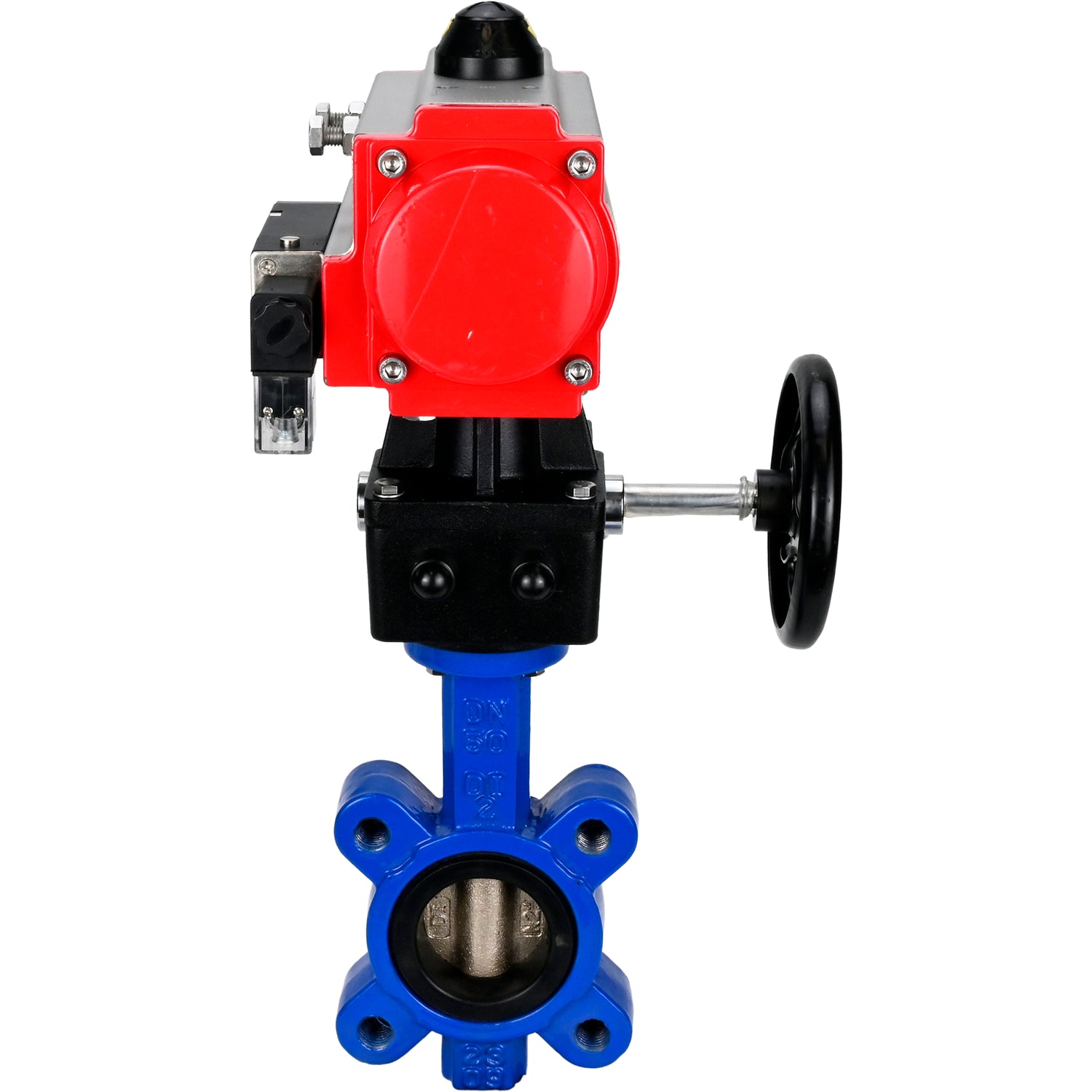 Water Butterfly Valve Elephant WBV1616N-2W-Fb-H, body material - cast iron QT450, disk material - cast iron QT450, seal - NBR, with pneumatic actuator double action PA-DA, 4M310-08 NAMUR 220V, handwheel MON