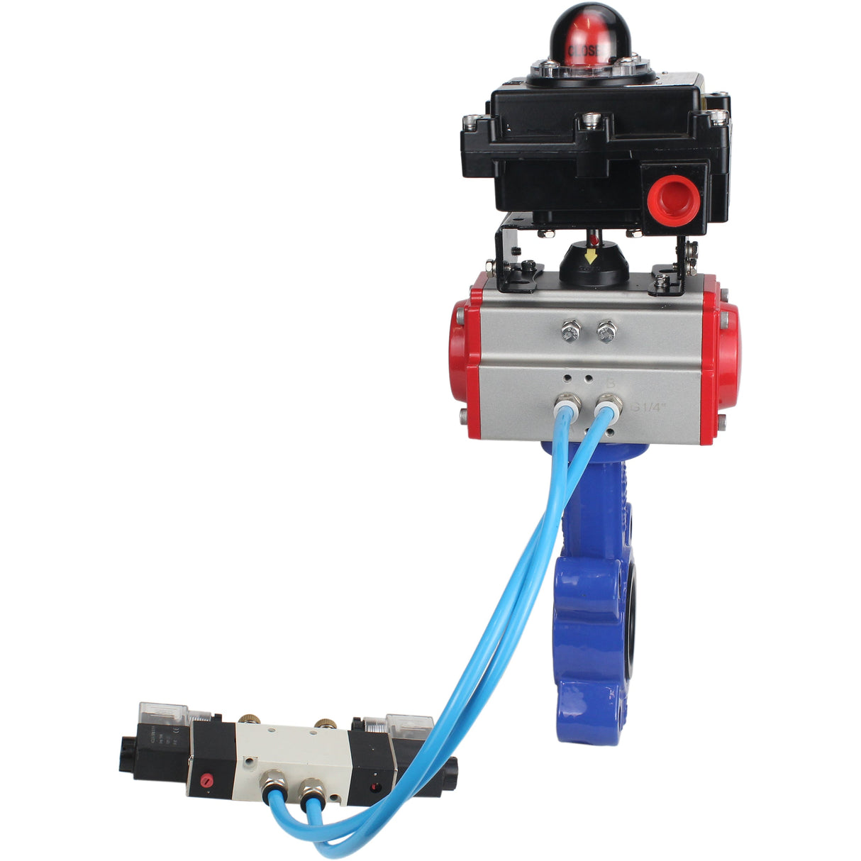 Water Butterfly Valve Elephant WBV1616E-2W-Fb-H, body material - cast iron QT450, disk material - cast iron QT450, seal - EPDM, pneumatic actuator PA-SA with return springs, 4V320-08 220V, LSU APL-410N EX