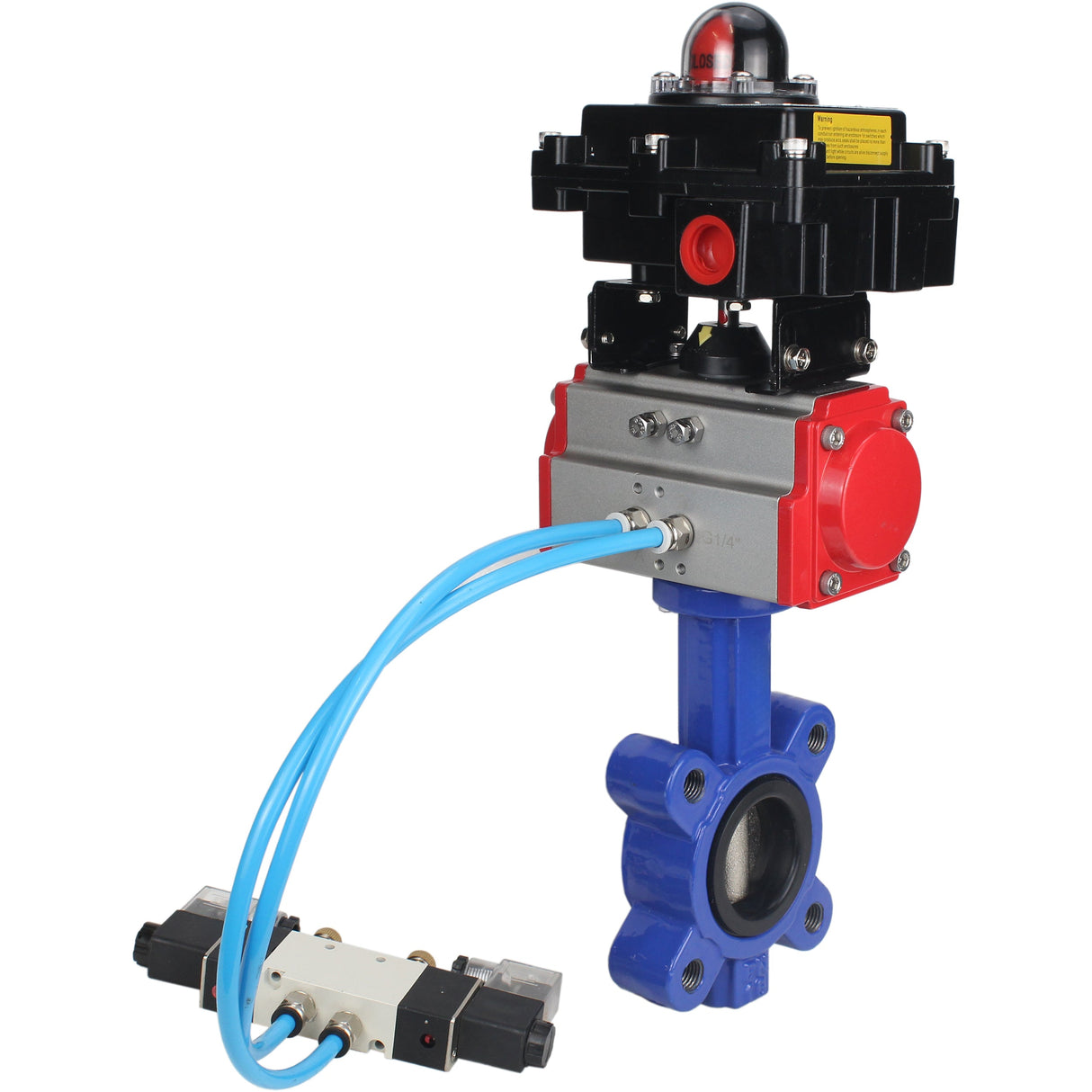 Water Butterfly Valve Elephant WBV1616N-2W-Fb-H, body material - cast iron QT450, disk material - cast iron QT450, seal - NBR, pneumatic actuator PA-SA with return springs, 4V320-08 220V, LSU APL-410N EX