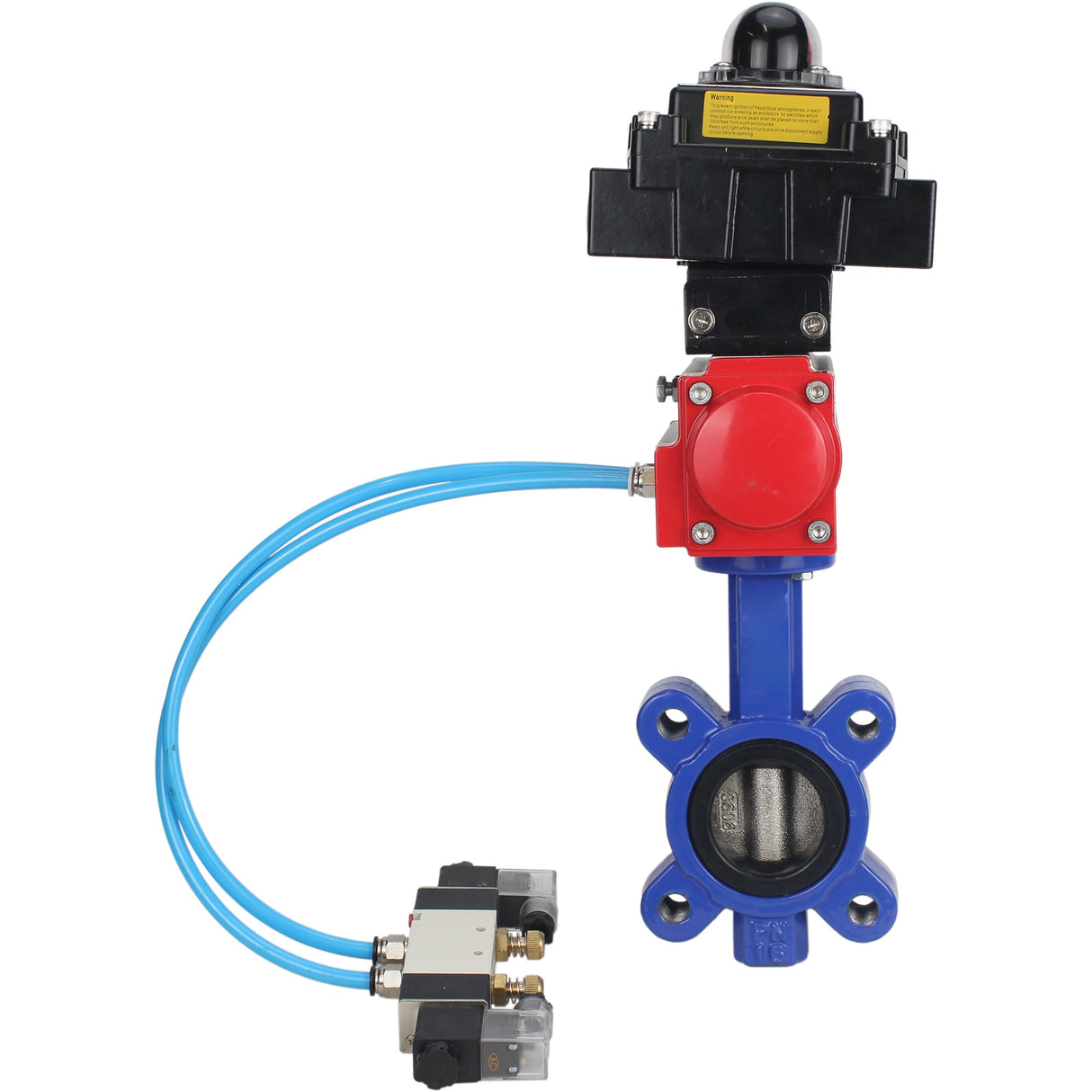 Water Butterfly Valve Elephant WBV1616N-2W-Fb-H, body material - cast iron QT450, disk material - cast iron QT450, seal - NBR, pneumatic actuator PA-SA with return springs, 4V320-08 220V, LSU APL-410N EX