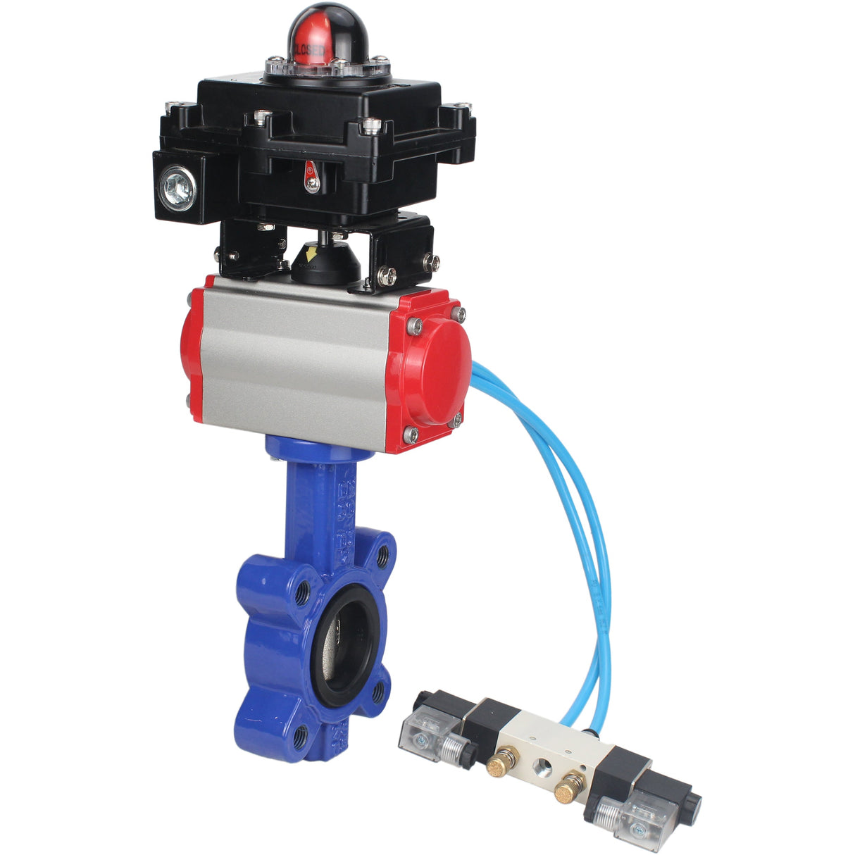 Water Butterfly Valve Elephant WBV1616E-2W-Fb-H, body material - cast iron QT450, disk material - cast iron QT450, seal - EPDM, pneumatic actuator PA-SA with return springs, 4V320-10 220V, LSU APL-410N EX