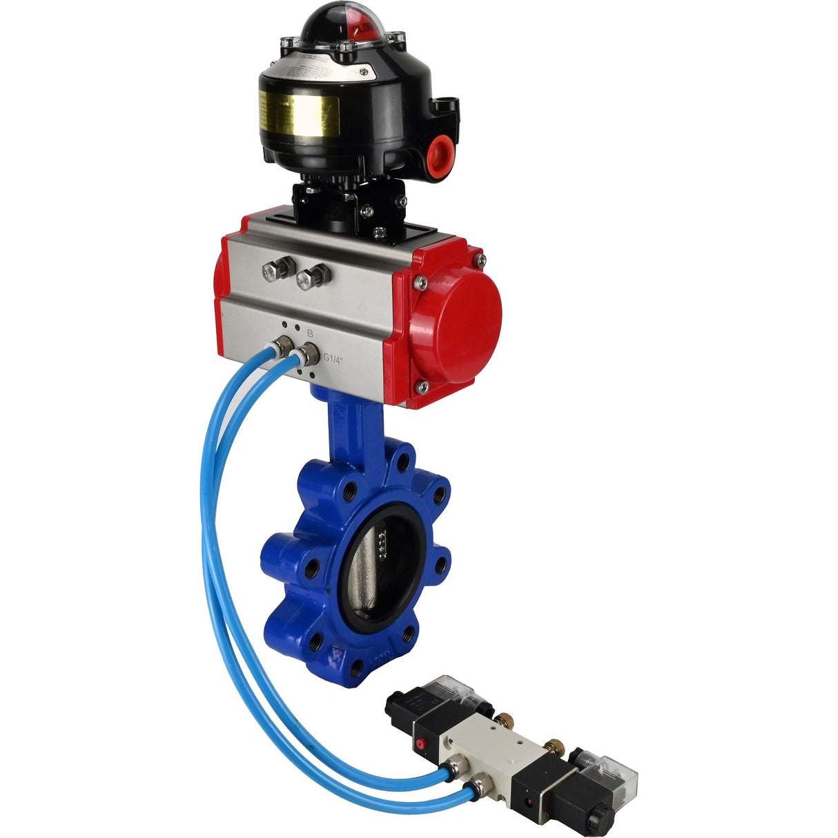 Water Butterfly Valve Elephant WBV1616N-2W-Fb-H, body material - cast iron QT450, disk material - cast iron QT450, seal - NBR, pneumatic actuator PA-SA with return springs, 4V320-08 220V, LSU APL-510N EX