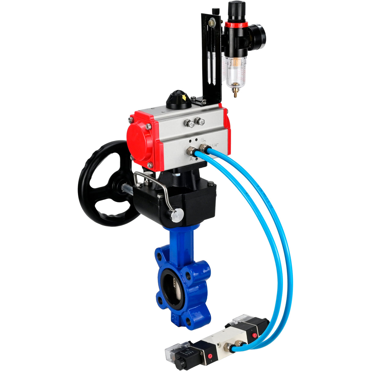 Water Butterfly Valve Elephant WBV1616N-2W-Fb-H, body material - cast iron QT450, disk material - cast iron QT450, seal - NBR, with pneumatic actuator double action PA-DA, 4V320-08 220V, handwheel MON, ATU AFC2000