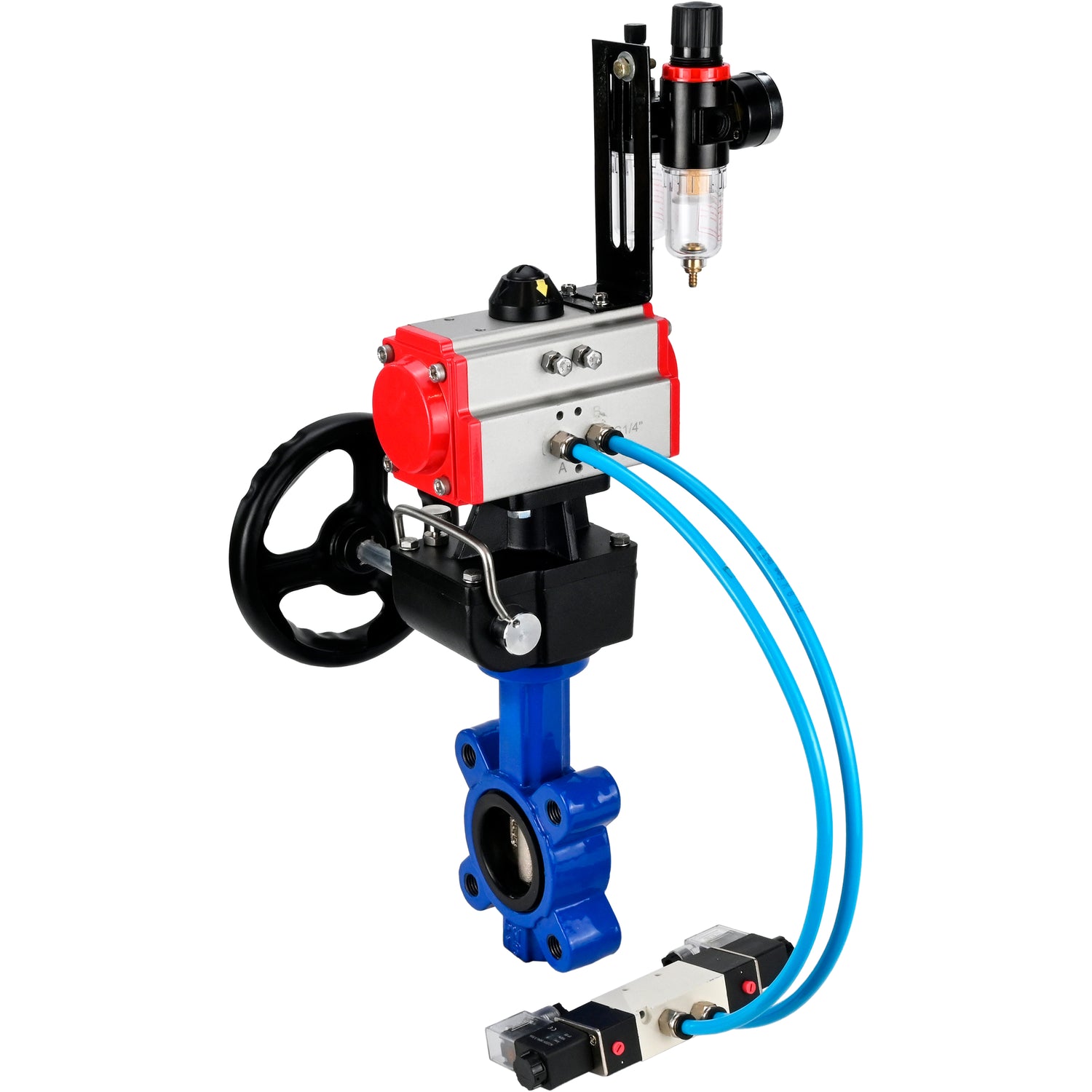 Water Butterfly Valve Elephant WBV1616N-2W-Fb-H, body material - cast iron QT450, disk material - cast iron QT450, seal - NBR, with pneumatic actuator double action PA-DA, 4V320-08 220V, handwheel MON, ATU AFC2000