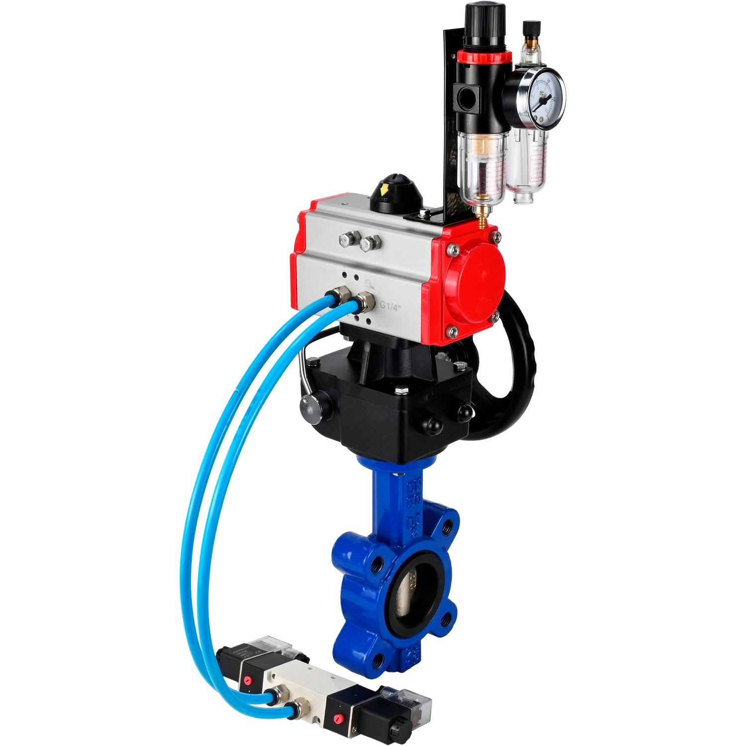 Water Butterfly Valve Elephant WBV1616N-2W-Fb-H, body material - cast iron QT450, disk material - cast iron QT450, seal - NBR, with pneumatic actuator double action PA-DA, 4V320-08 220V, handwheel MON, ATU AFC2000