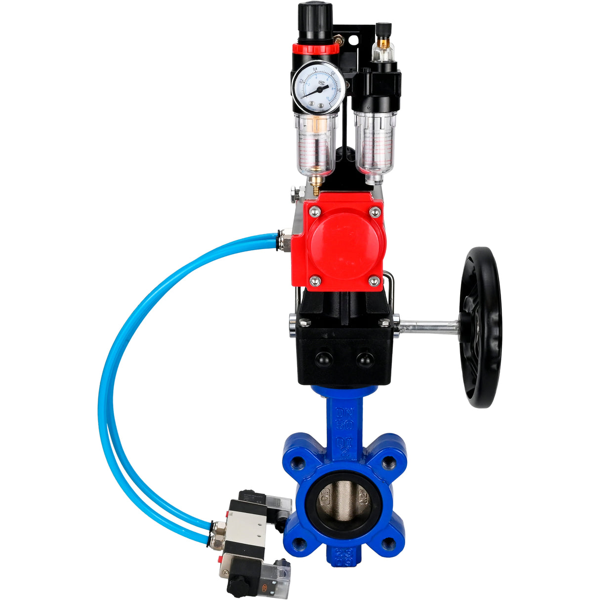 Water Butterfly Valve Elephant WBV1616N-2W-Fb-H, body material - cast iron QT450, disk material - cast iron QT450, seal - NBR, with pneumatic actuator double action PA-DA, 4V320-08 220V, handwheel MON, ATU AFC2000