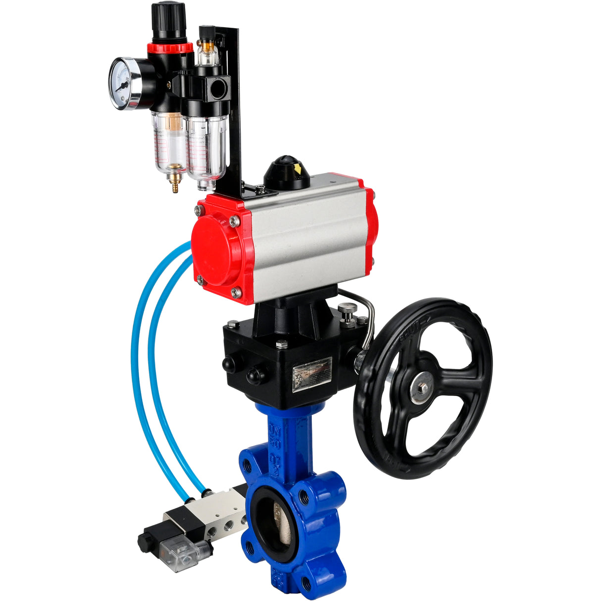 Water Butterfly Valve Elephant WBV1616N-2W-Fb-H, body material - cast iron QT450, disk material - cast iron QT450, seal - NBR, with pneumatic actuator double action PA-DA, 4V320-08 220V, handwheel MON, ATU AFC2000