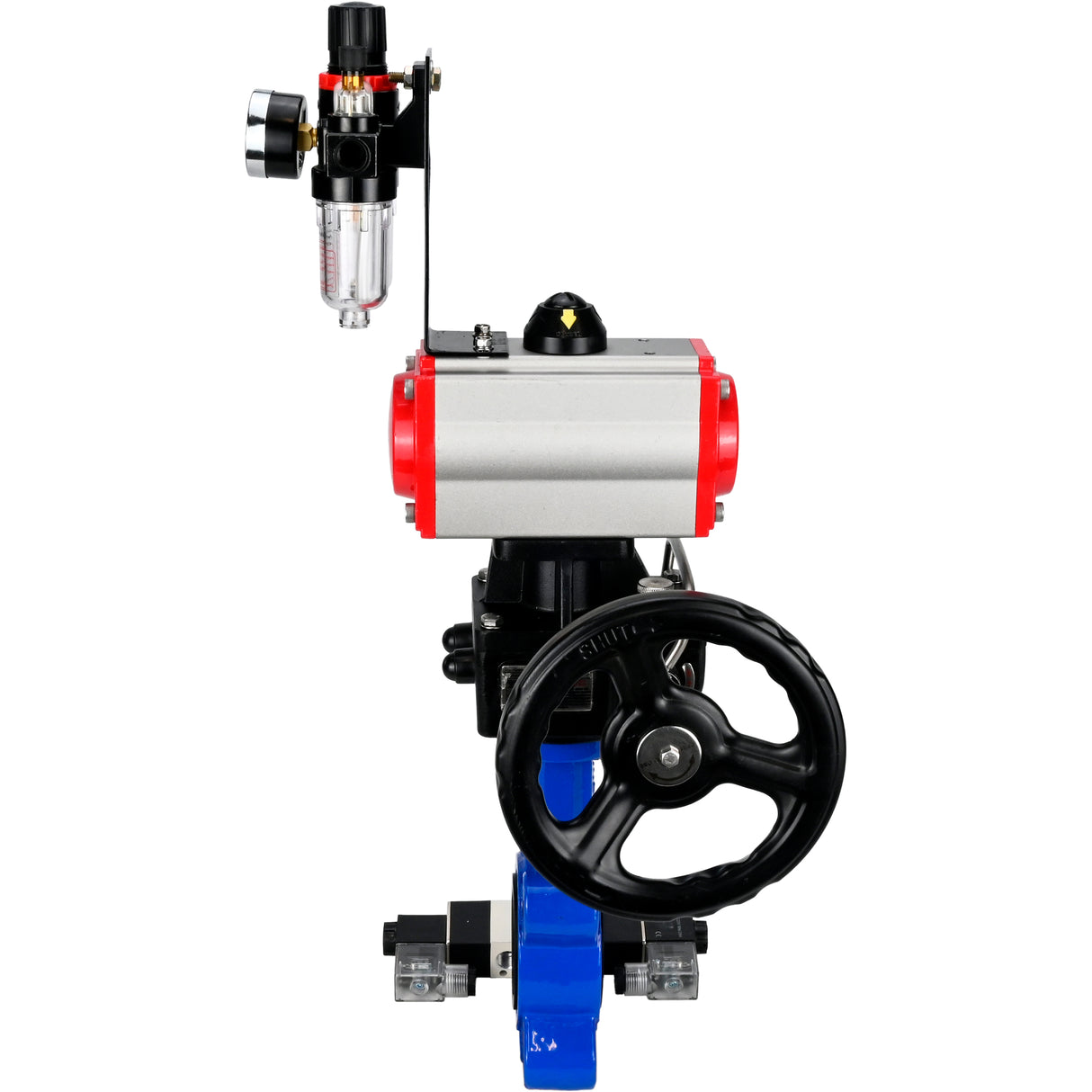 Water Butterfly Valve Elephant WBV1616N-2W-Fb-H, body material - cast iron QT450, disk material - cast iron QT450, seal - NBR, with pneumatic actuator double action PA-DA, 4V320-08 220V, handwheel MON, ATU AFC2000
