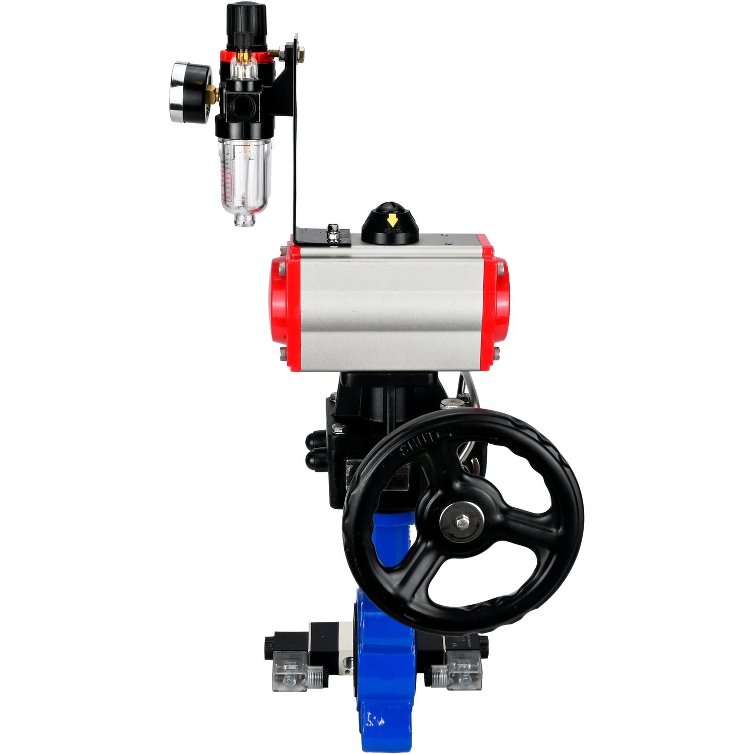 Water Butterfly Valve Elephant WBV1616N-2W-Fb-H, body material - cast iron QT450, disk material - cast iron QT450, seal - NBR, with pneumatic actuator double action PA-DA, 4V320-08 220V, handwheel MON, ATU AFC2000