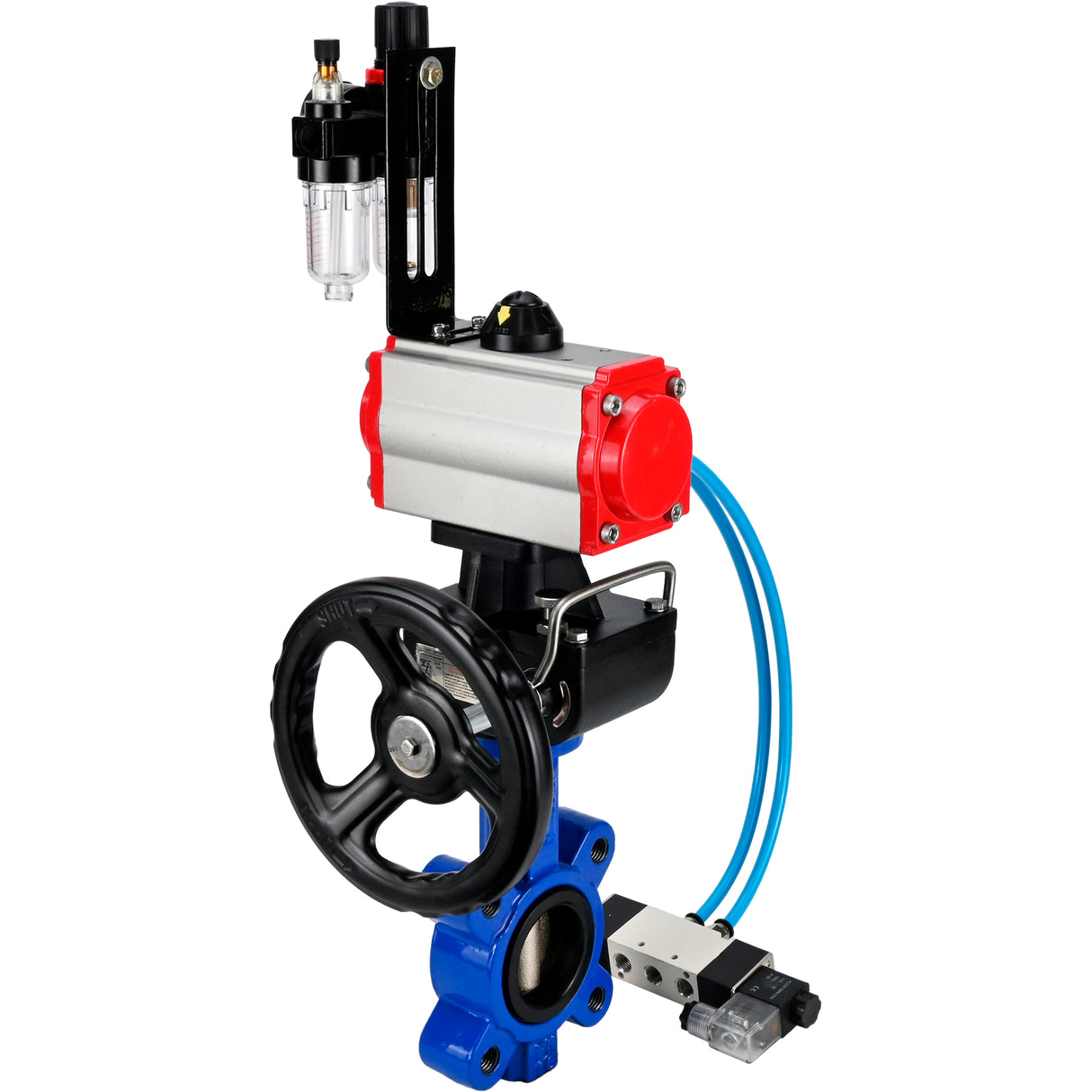 Water Butterfly Valve Elephant WBV1616N-2W-Fb-H, body material - cast iron QT450, disk material - cast iron QT450, seal - NBR, with pneumatic actuator double action PA-DA, 4V320-08 220V, handwheel MON, ATU AFC2000