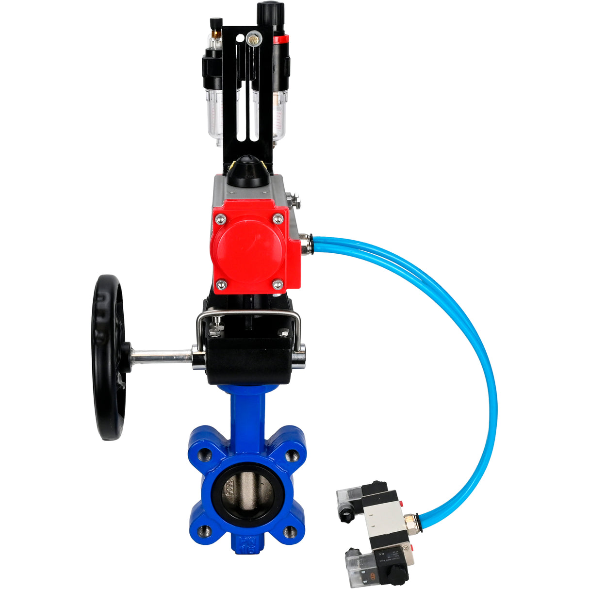 Water Butterfly Valve Elephant WBV1616N-2W-Fb-H, body material - cast iron QT450, disk material - cast iron QT450, seal - NBR, with pneumatic actuator double action PA-DA, 4V320-08 220V, handwheel MON, ATU AFC2000