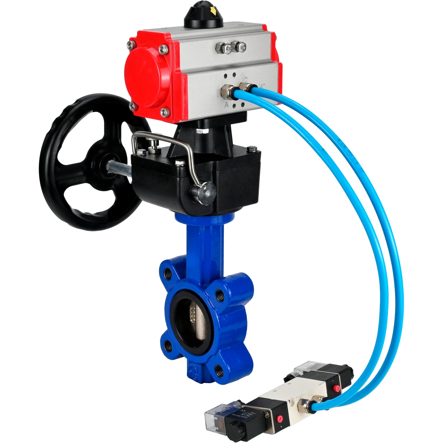 Water Butterfly Valve Elephant WBV1616E-2W-Fb-H, body material - cast iron QT450, disk material - cast iron QT450, seal - EPDM, with pneumatic actuator double action PA-DA, 4V320-10 220V, handwheel MON