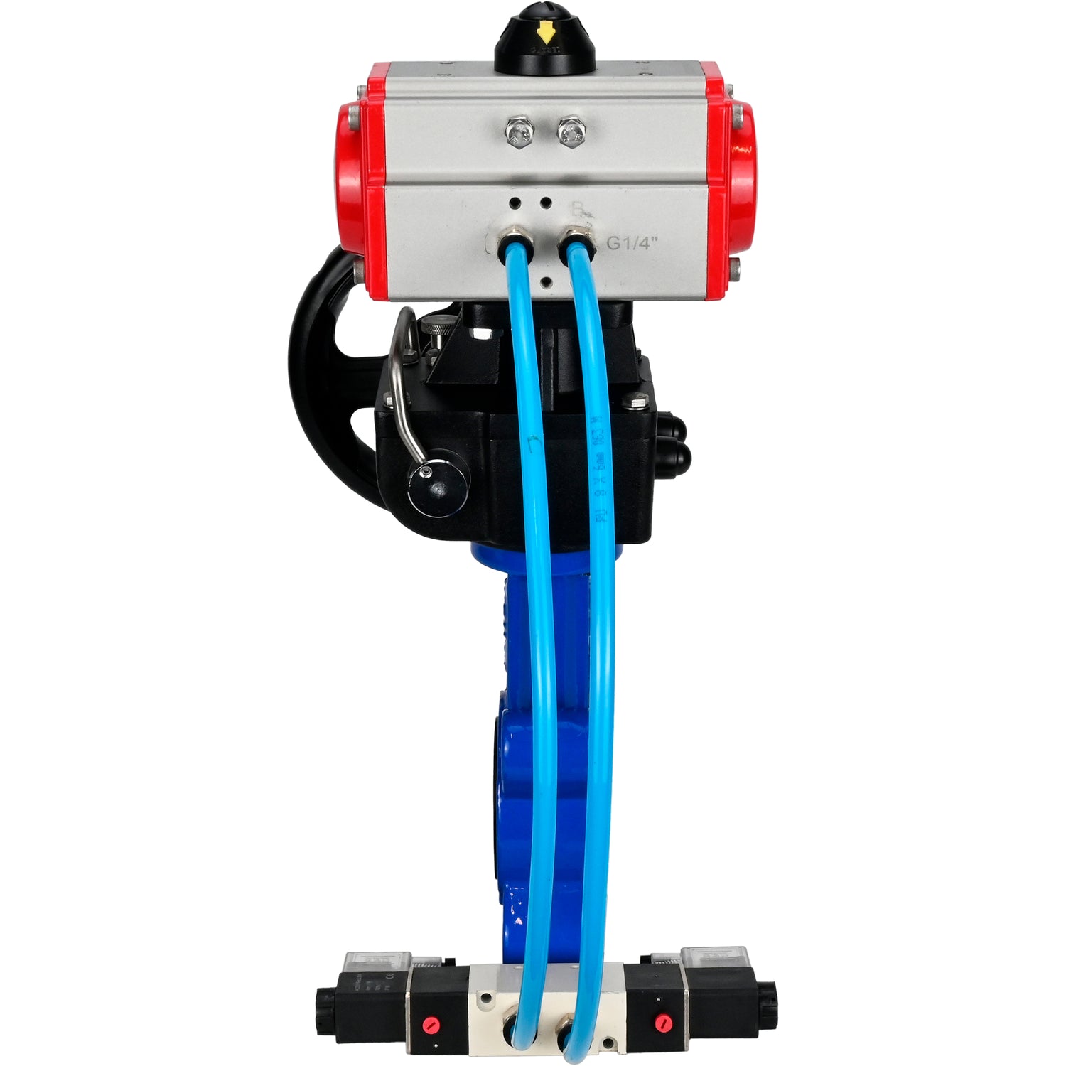 Water Butterfly Valve Elephant WBV1616E-2W-Fb-H, body material - cast iron QT450, disk material - cast iron QT450, seal - EPDM, with pneumatic actuator double action PA-DA, 4V320-10 220V, handwheel MON