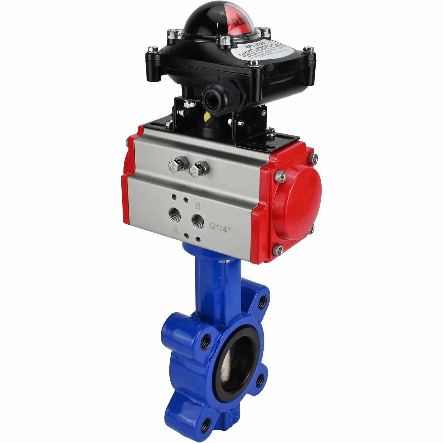 Water Butterfly Valve Elephant WBV1616N-2W-Fb-H, body material - cast iron QT450, disk material - cast iron QT450, seal - NBR, with pneumatic actuator double action PA-DA, LSU APL-210N