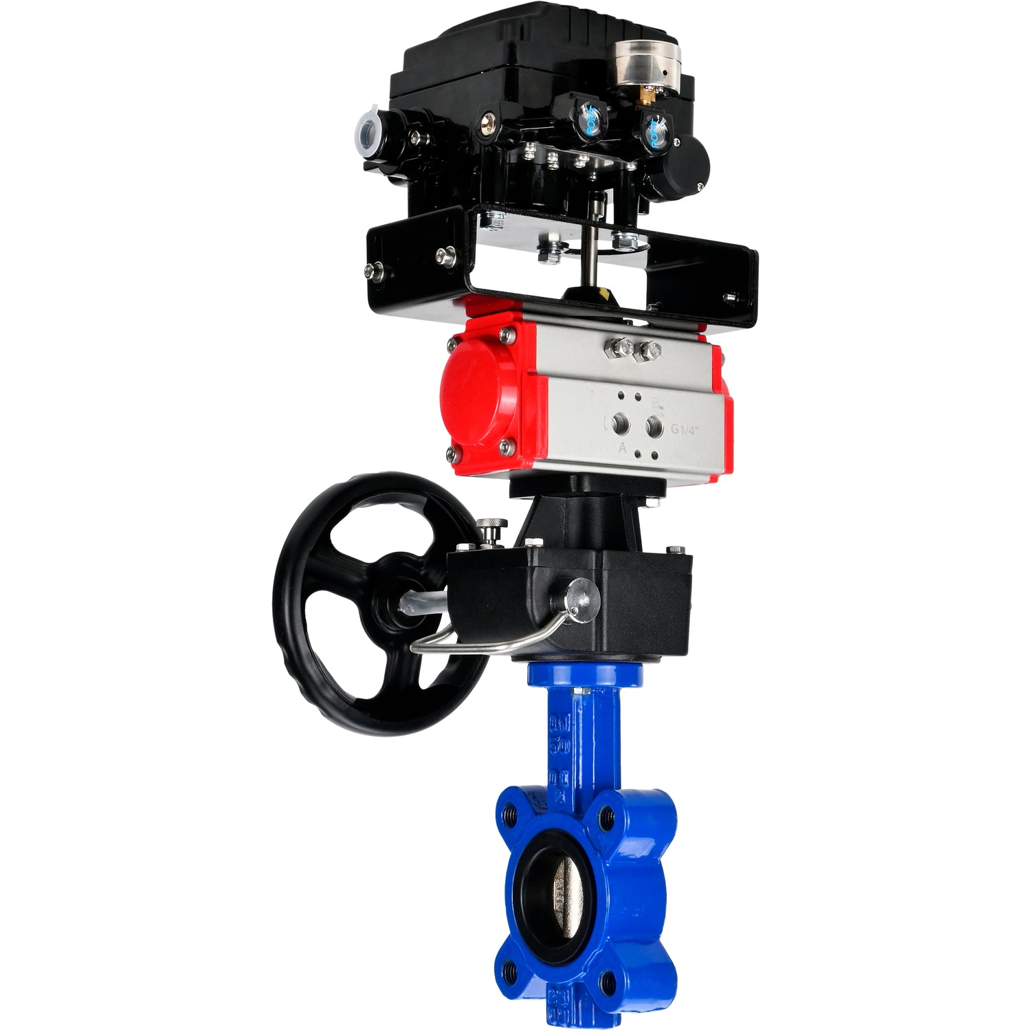 Water Butterfly Valve Elephant WBV1616N-2W-Fb-H, body material - cast iron QT450, disk material - cast iron QT450, seal - NBR, with pneumatic actuator double action PA-DA, handwheel MON, electropneumatic rotary positioner YT-1000RSN without feedback