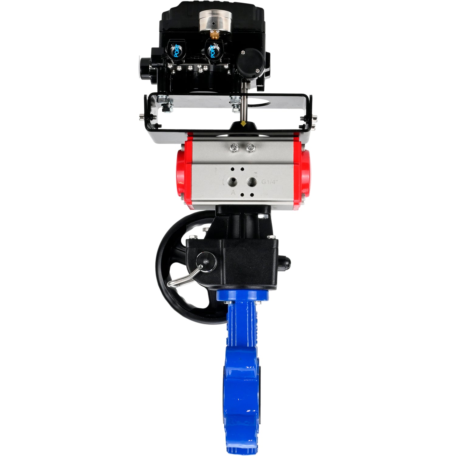 Water Butterfly Valve Elephant WBV1616N-2W-Fb-H, body material - cast iron QT450, disk material - cast iron QT450, seal - NBR, with pneumatic actuator double action PA-DA, handwheel MON, electropneumatic rotary positioner YT-1000RSN without feedback