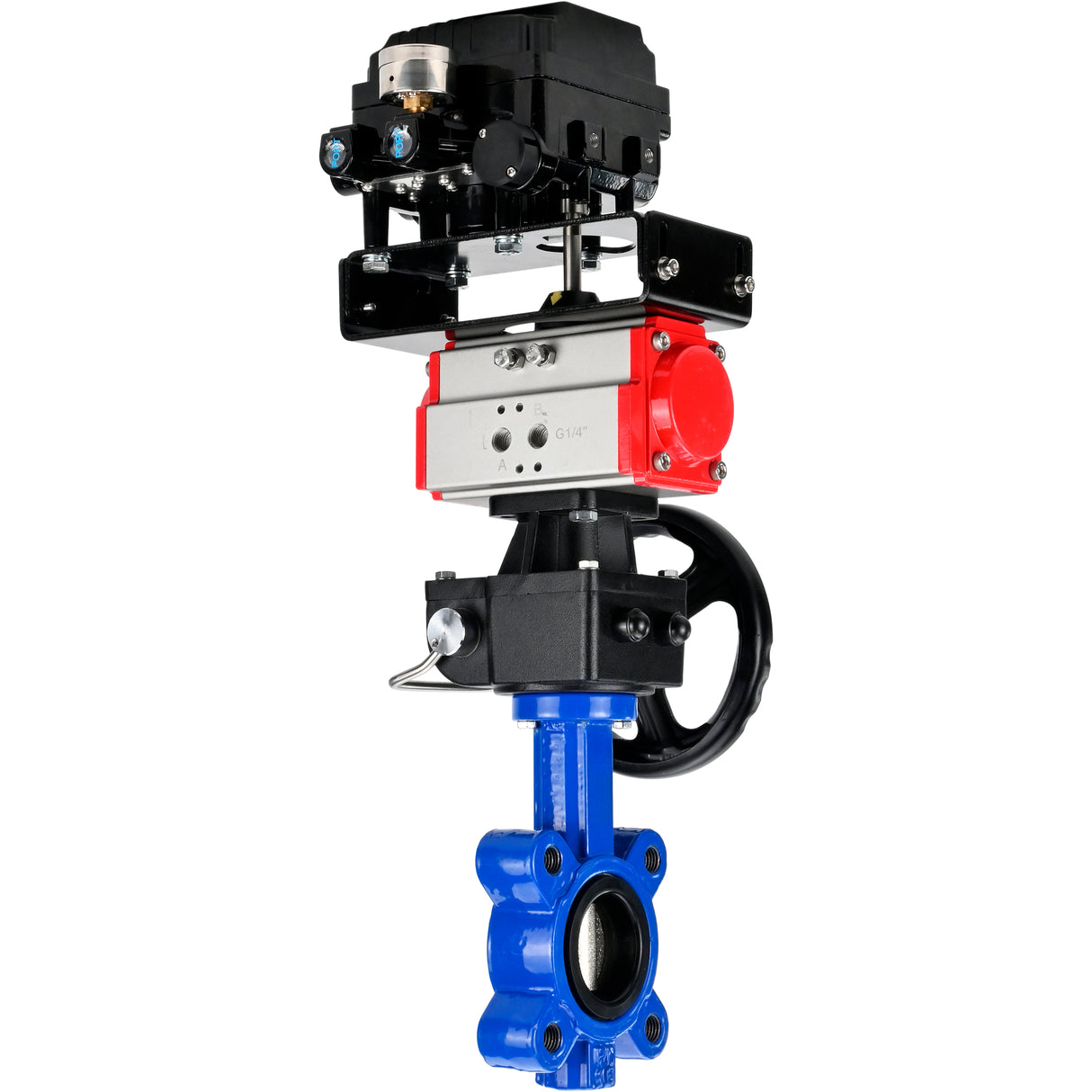 Water Butterfly Valve Elephant WBV1616N-2W-Fb-H, body material - cast iron QT450, disk material - cast iron QT450, seal - NBR, with pneumatic actuator double action PA-DA, handwheel MON, electropneumatic rotary positioner YT-1000RSN without feedback