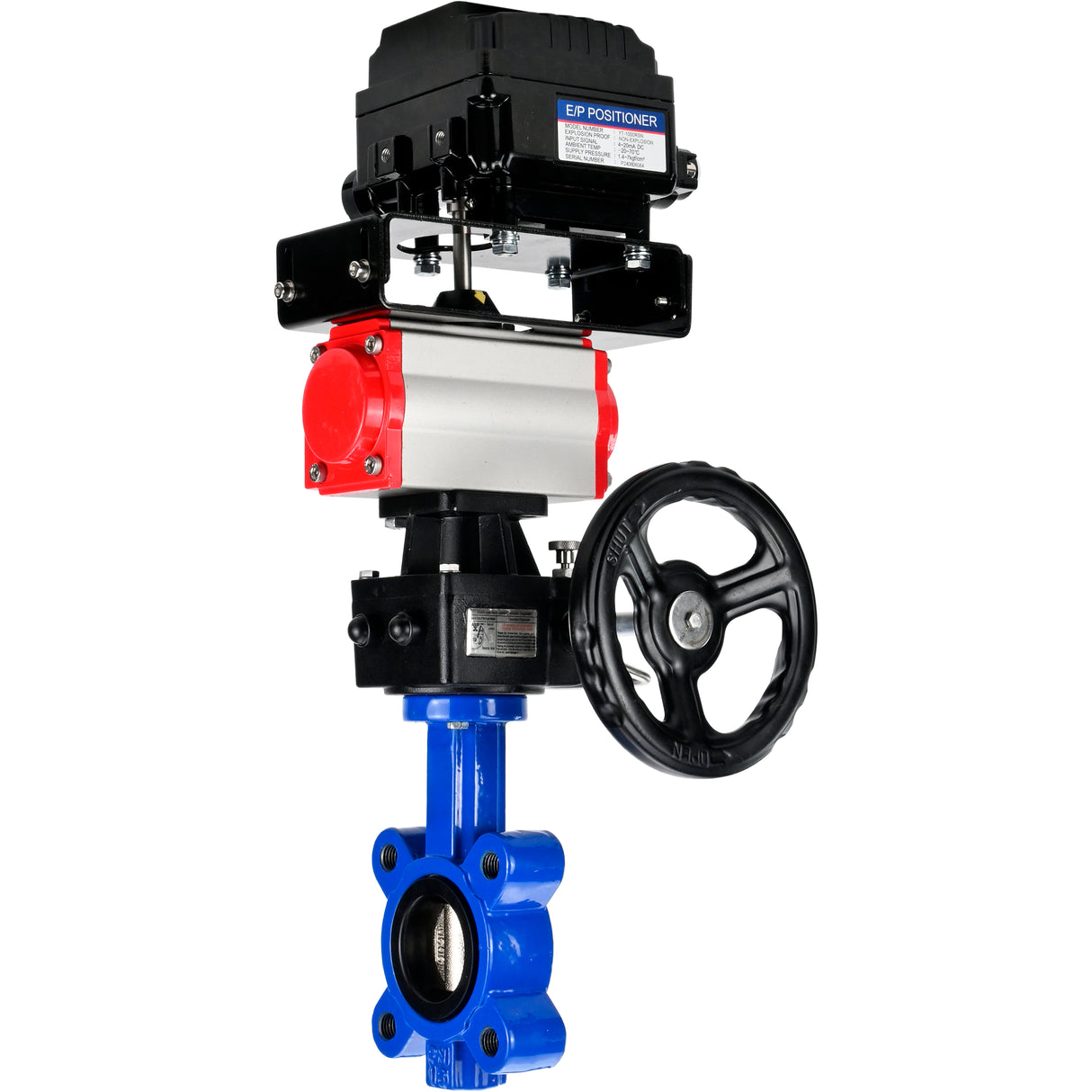 Water Butterfly Valve Elephant WBV1616N-2W-Fb-H, body material - cast iron QT450, disk material - cast iron QT450, seal - NBR, with pneumatic actuator double action PA-DA, handwheel MON, electropneumatic rotary positioner YT-1000RSN without feedback