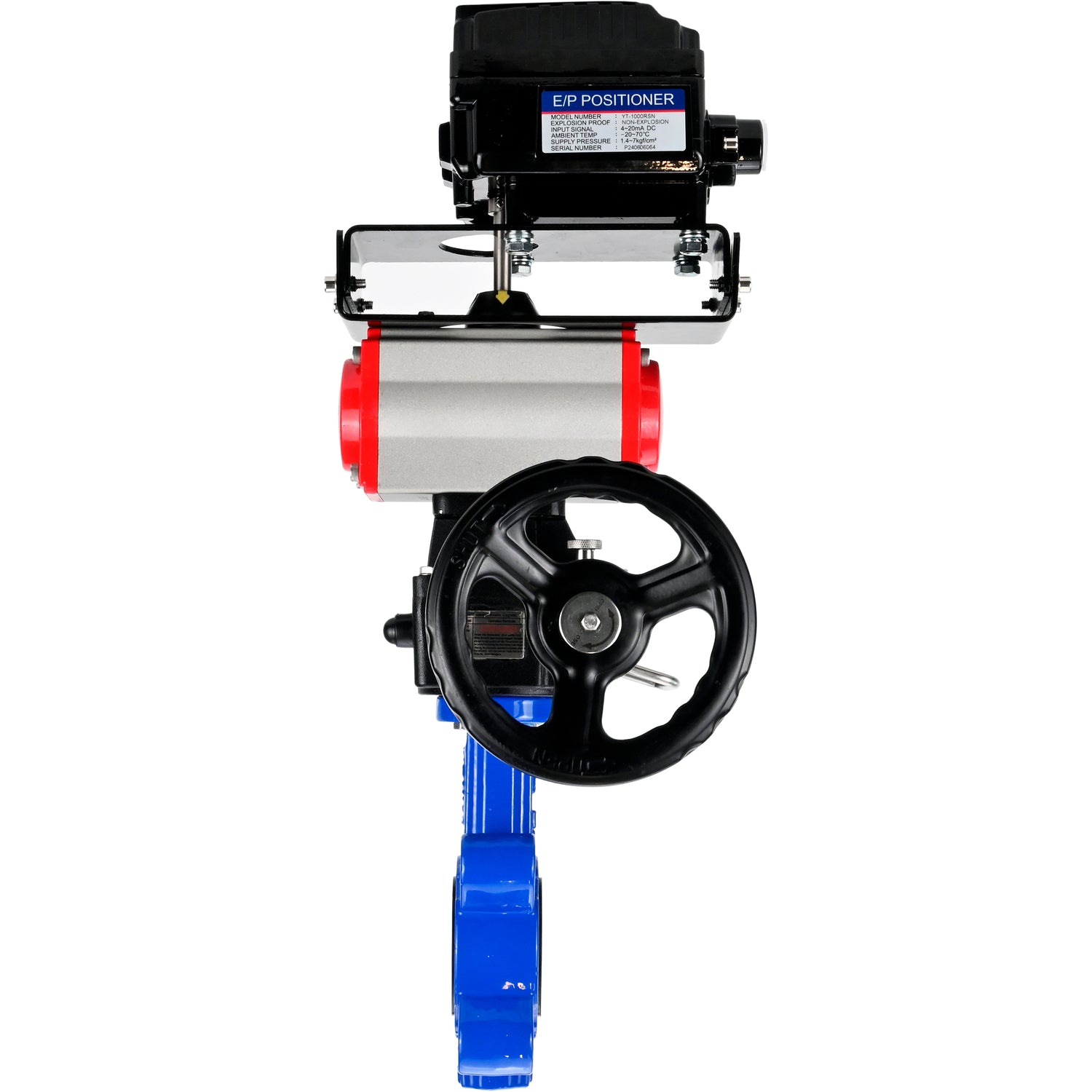 Water Butterfly Valve Elephant WBV1616N-2W-Fb-H, body material - cast iron QT450, disk material - cast iron QT450, seal - NBR, with pneumatic actuator double action PA-DA, handwheel MON, electropneumatic rotary positioner YT-1000RSN without feedback
