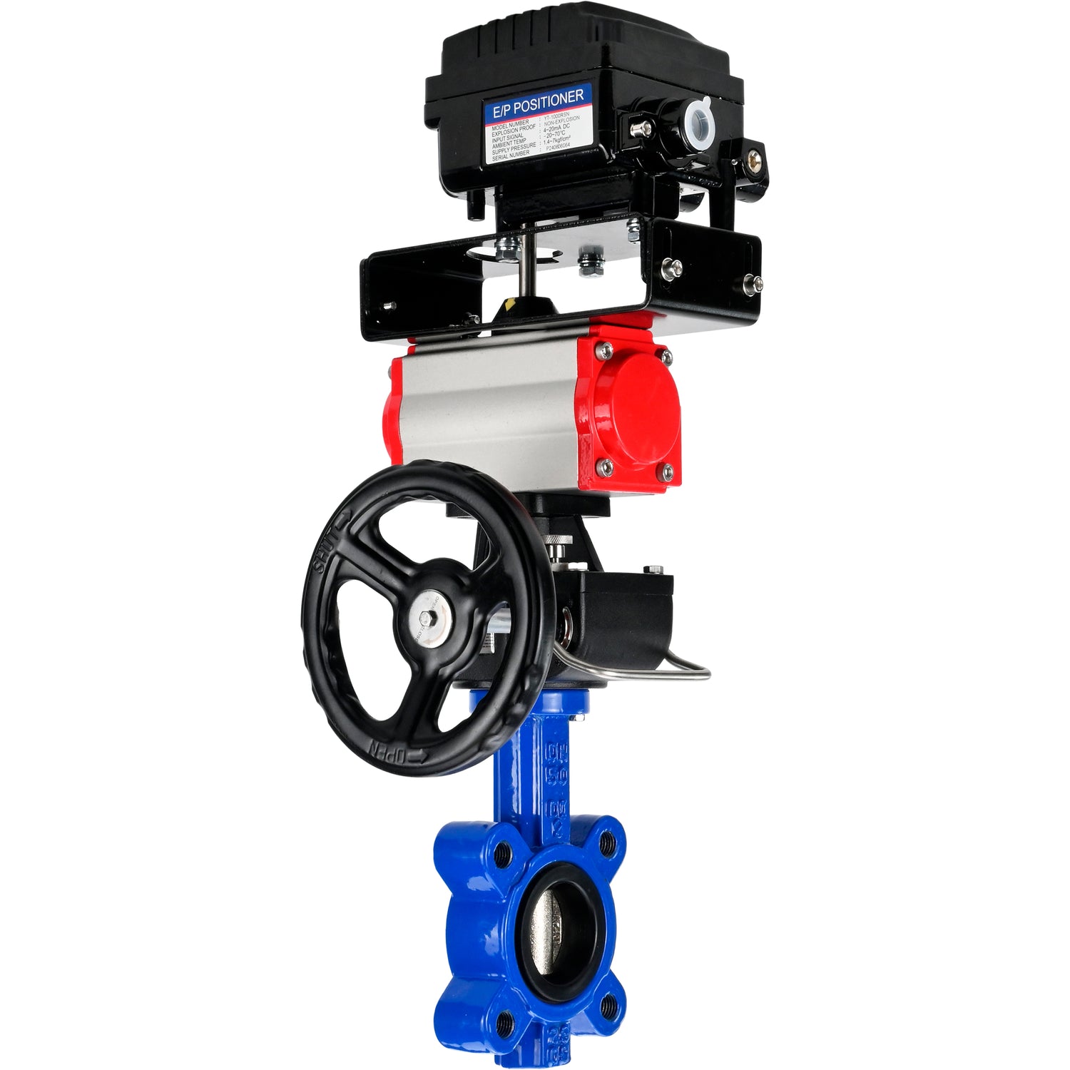Water Butterfly Valve Elephant WBV1616N-2W-Fb-H, body material - cast iron QT450, disk material - cast iron QT450, seal - NBR, with pneumatic actuator double action PA-DA, handwheel MON, electropneumatic rotary positioner YT-1000RSN without feedback