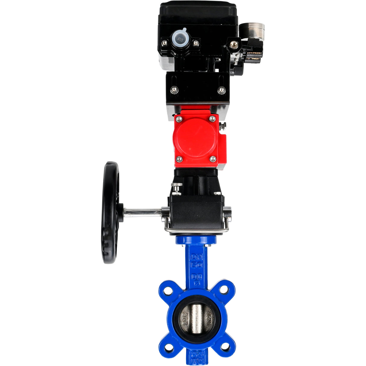 Water Butterfly Valve Elephant WBV1616N-2W-Fb-H, body material - cast iron QT450, disk material - cast iron QT450, seal - NBR, with pneumatic actuator double action PA-DA, handwheel MON, electropneumatic rotary positioner YT-1000RSN without feedback