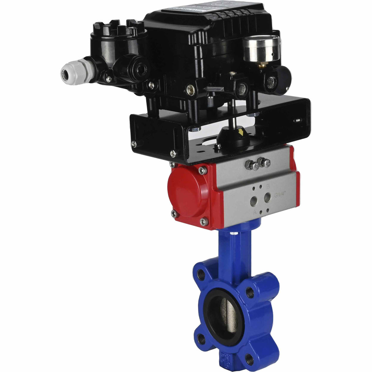 Water Butterfly Valve Elephant WBV1616N-2W-Fb-H, body material - cast iron QT450, disk material - cast iron QT450, seal - NBR, pneumatic actuator PA-SA with return springs, positioner YT-1000RSN without feedback