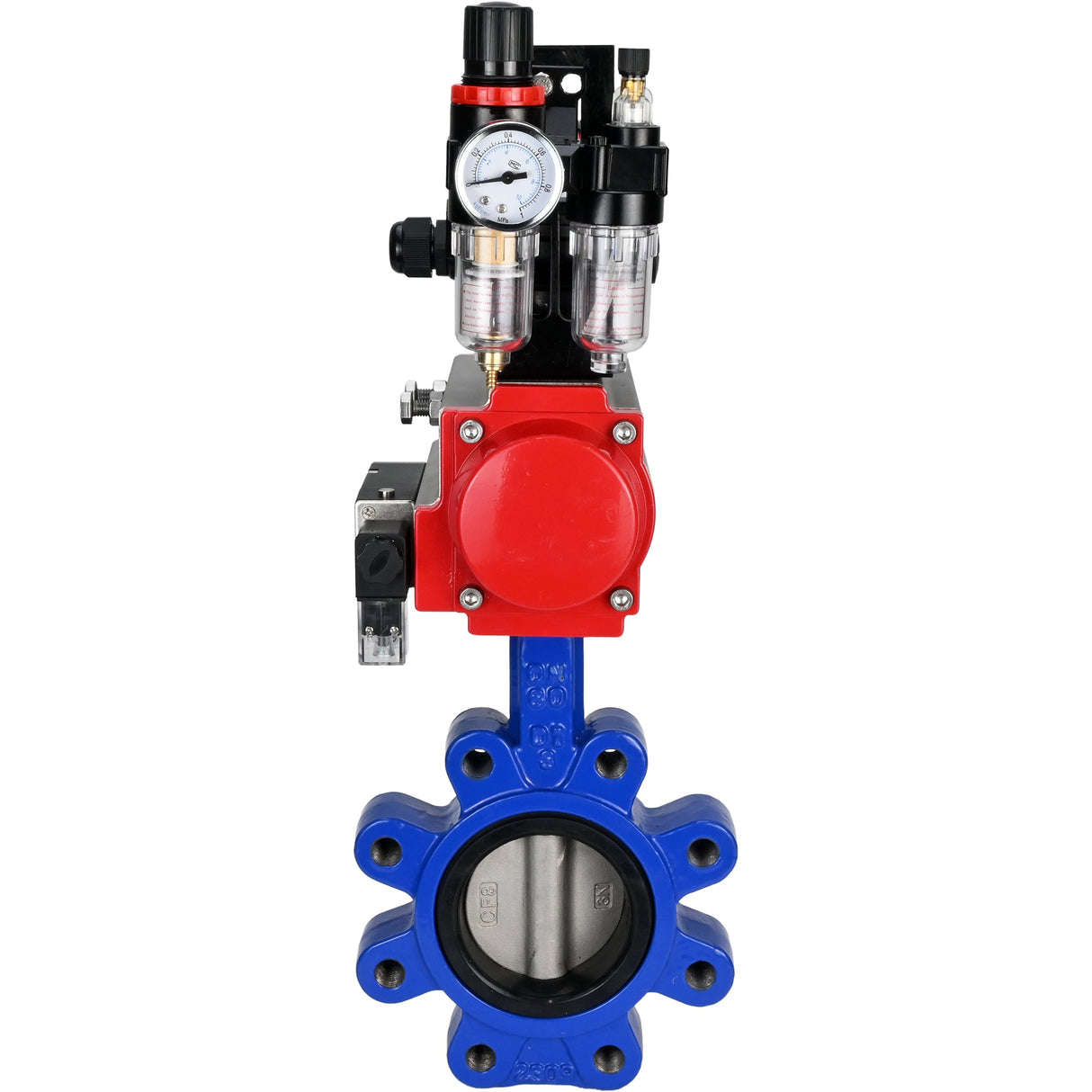 Water Butterfly Valve Elephant WBV1631N-2W-Fb-H, body material - cast iron QT450, disk material - Stainless steel AISI 304, seal - NBR, pneumatic actuator PA-SA with return springs, 4M310-08 NAMUR 220V, LSU APL-210N ATU AFC2000