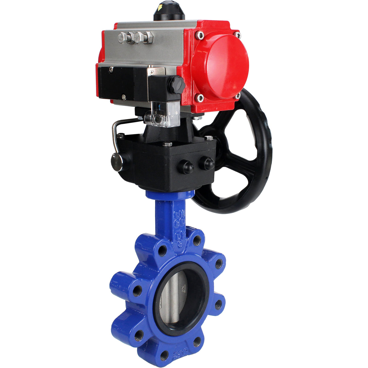Water Butterfly Valve Elephant WBV1631N-2W-Fb-H, body material - cast iron QT450, disk material - stainless steel AISI 304, seal - NBR, with pneumatic actuator double action PA-DA, 4M310-08 NAMUR 24V, handwheel MON