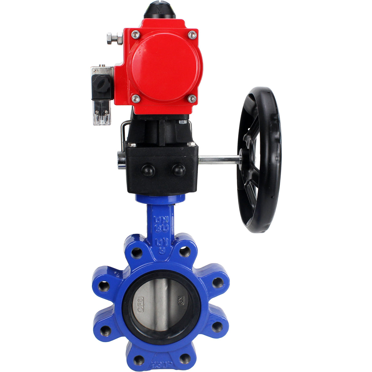 Water Butterfly Valve Elephant WBV1631N-2W-Fb-H, body material - cast iron QT450, disk material - stainless steel AISI 304, seal - NBR, with pneumatic actuator double action PA-DA, 4M310-08 NAMUR 24V, handwheel MON