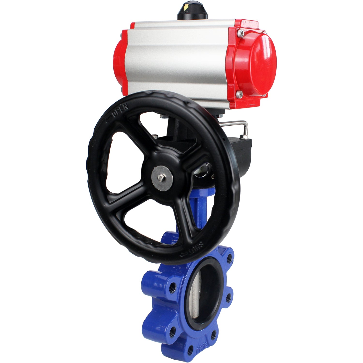 Water Butterfly Valve Elephant WBV1631N-2W-Fb-H, body material - cast iron QT450, disk material - stainless steel AISI 304, seal - NBR, with pneumatic actuator double action PA-DA, 4M310-08 NAMUR 24V, handwheel MON