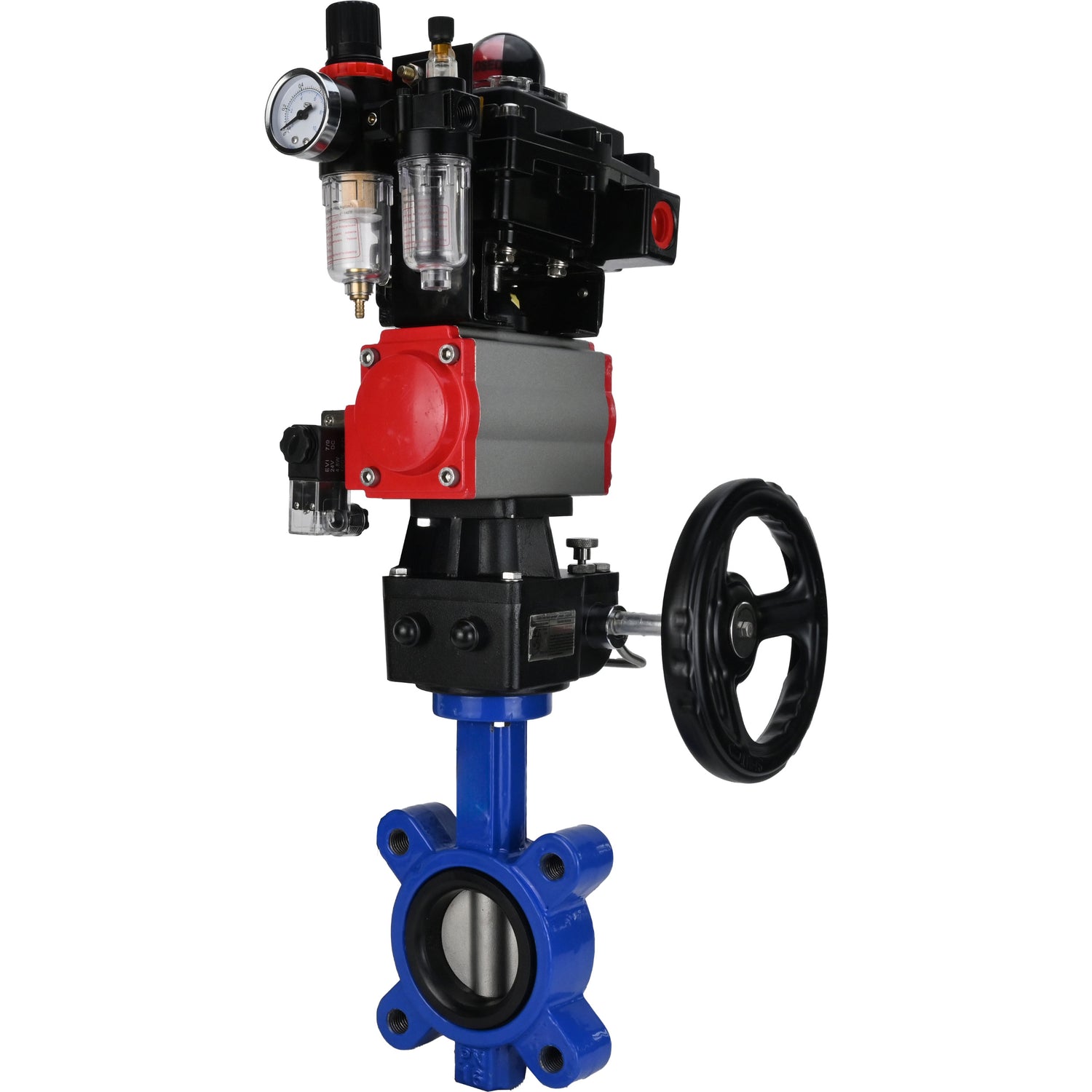 Water Butterfly Valve Elephant WBV1631N-2W-Fb-H, body material - cast iron QT450, disk material - Stainless steel AISI 304, seal - NBR, pneumatic actuator PA-DA double action, 4M310-08 24V, LSU APL-410N EX, handwheel MON, ATU AFC2000