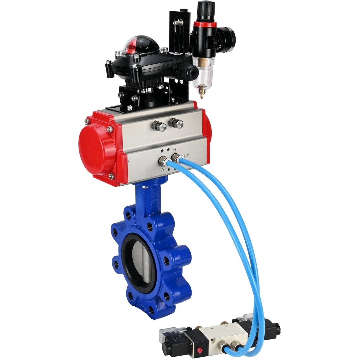 Water Butterfly Valve Elephant WBV1631E-2W-Fb-H, body material - cast iron QT450, disk material - Stainless steel AISI 304, seal - EPDM, pneumatic actuator PA-SA with return springs, 4V320-10 220V, LSU APL-210N, ATU AFC2000