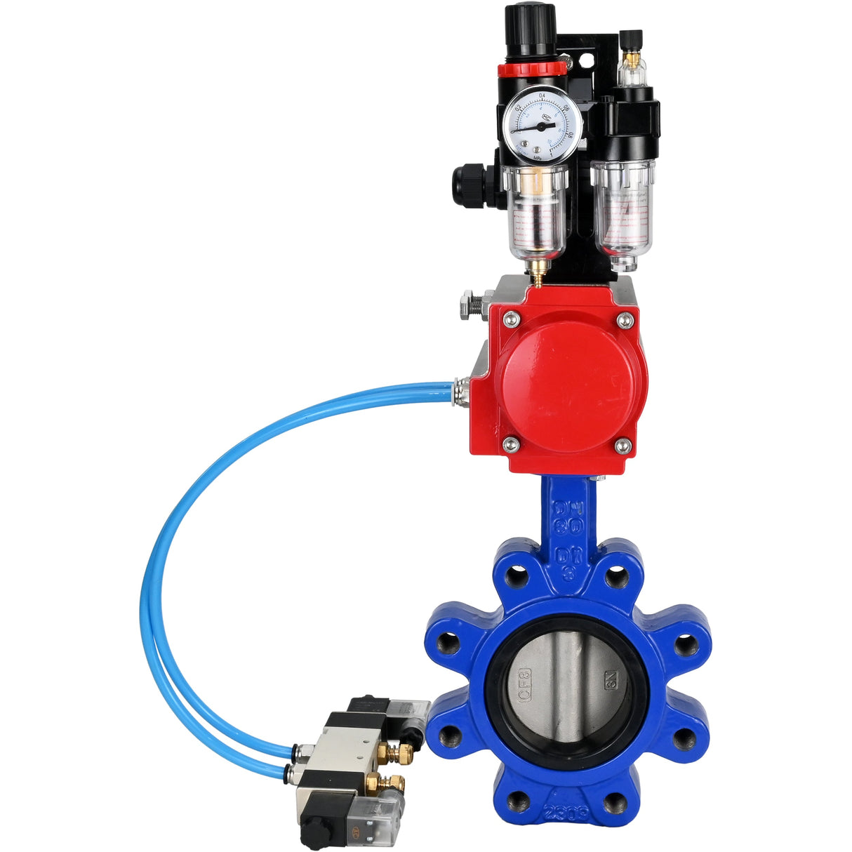 Water Butterfly Valve Elephant WBV1631E-2W-Fb-H, body material - cast iron QT450, disk material - Stainless steel AISI 304, seal - EPDM, pneumatic actuator PA-SA with return springs, 4V320-10 220V, LSU APL-210N, ATU AFC2000