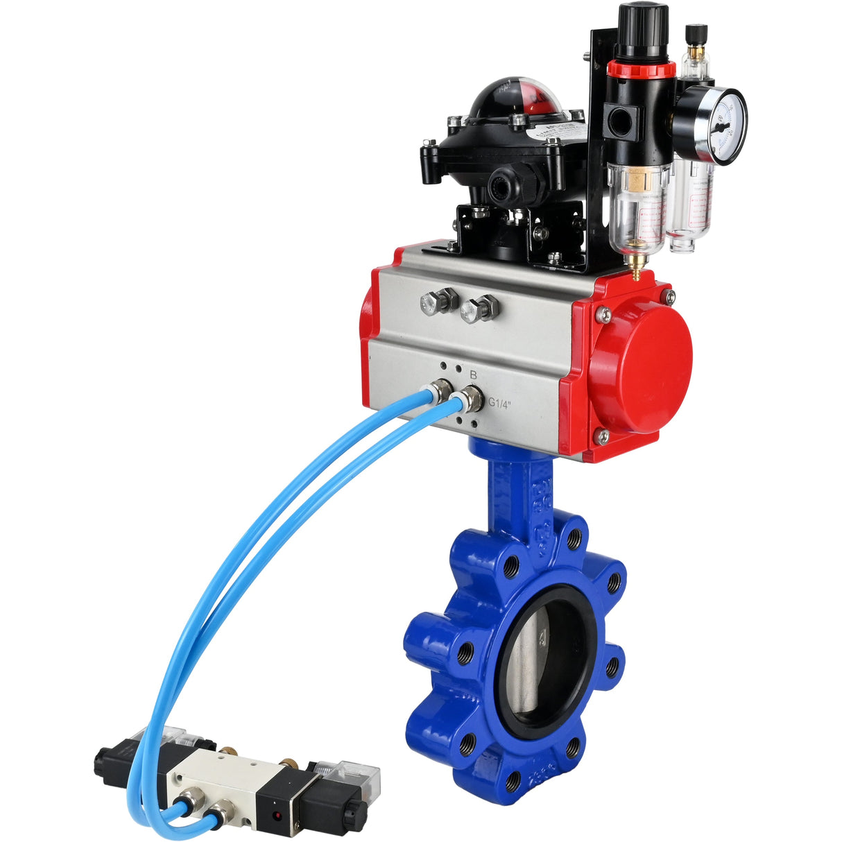 Water Butterfly Valve Elephant WBV1631E-2W-Fb-H, body material - cast iron QT450, disk material - Stainless steel AISI 304, seal - EPDM, pneumatic actuator PA-SA with return springs, 4V320-10 220V, LSU APL-210N, ATU AFC2000