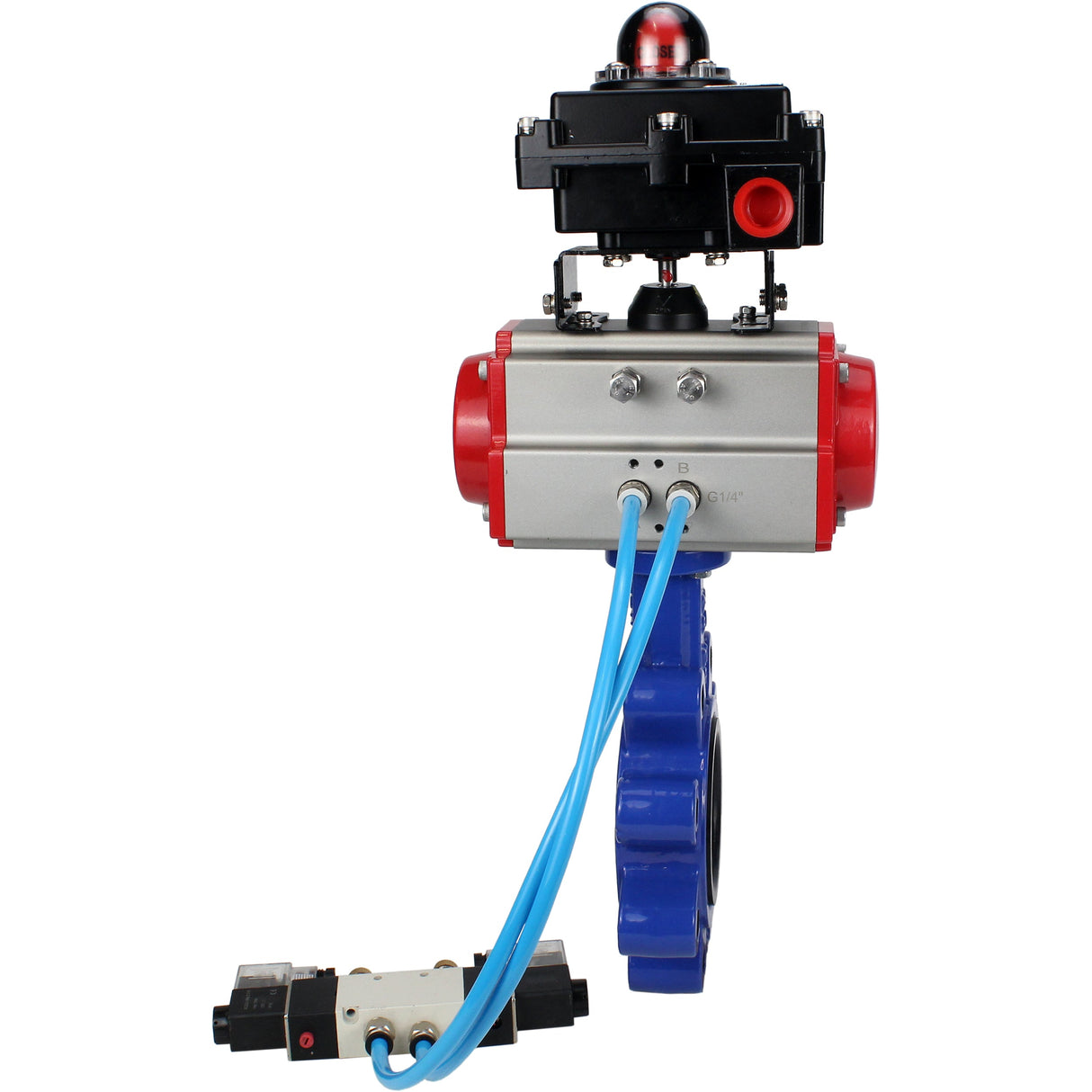 Water Butterfly Valve Elephant WBV1631E-2W-Fb-H, body material - cast iron QT450, disk material - Stainless steel AISI 304, seal - EPDM, pneumatic actuator PA-SA with return springs, 4V320-10 220V, LSU APL-410N EX