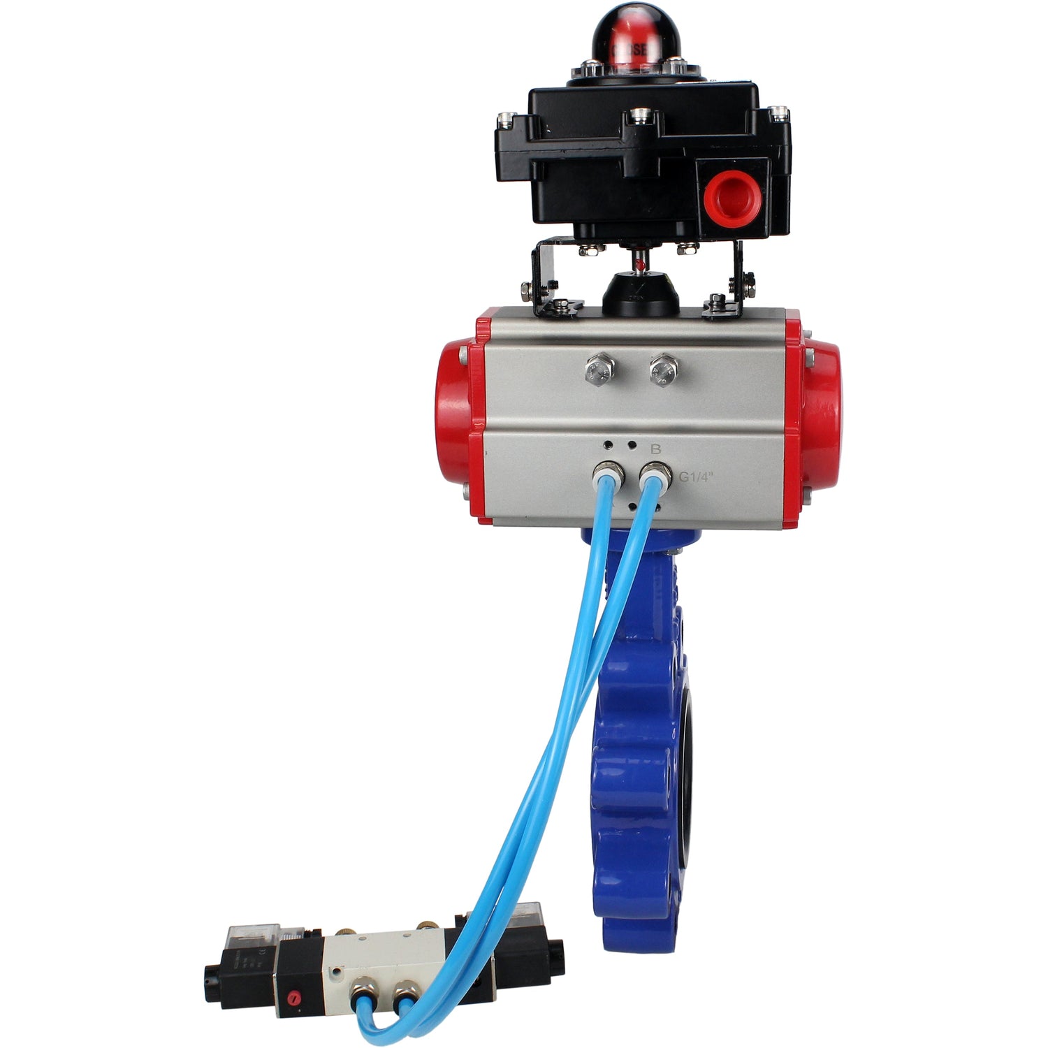 Water Butterfly Valve Elephant WBV1631E-2W-Fb-H, body material - cast iron QT450, disk material - stainless steel AISI 304, seal - EPDM, with pneumatic actuator double action PA-DA, 4V320-08 220V, LSU APL-410N EX